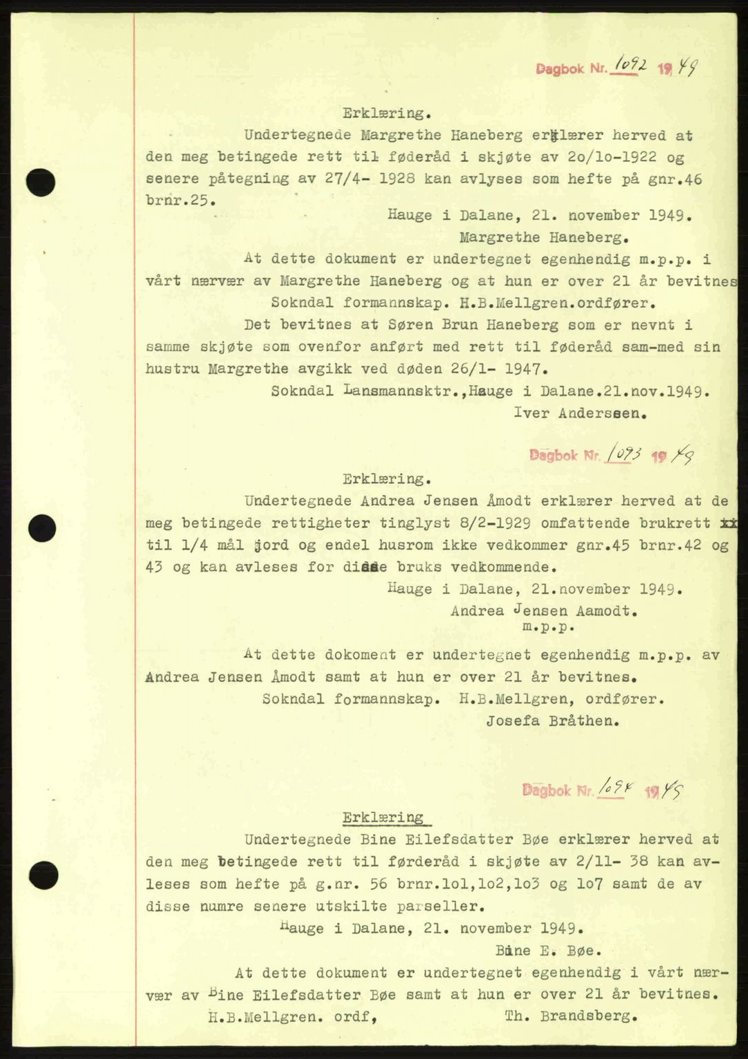 Dalane sorenskriveri, SAST/A-100309/02/G/Gb/L0057: Pantebok nr. B6-11, 1946-1950, Dagboknr: 1092/1949