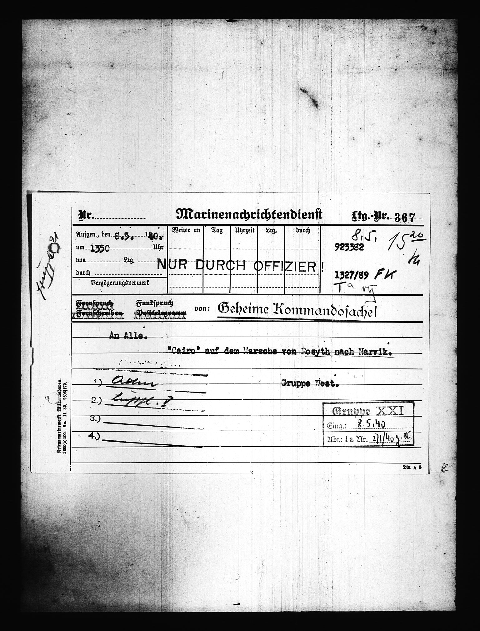 Documents Section, AV/RA-RAFA-2200/V/L0077: Amerikansk mikrofilm "Captured German Documents".
Box No. 716.  FKA jnr. 615/1954., 1940, s. 359