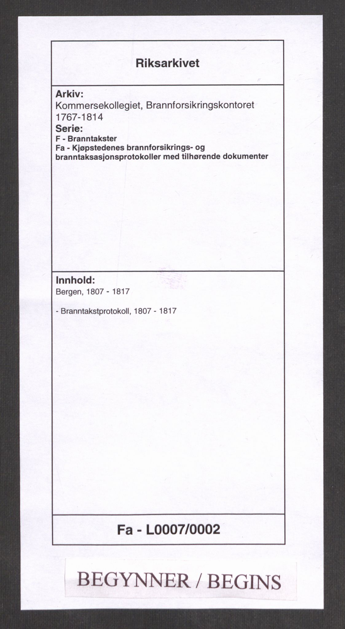 Kommersekollegiet, Brannforsikringskontoret 1767-1814, RA/EA-5458/F/Fa/L0007/0002: Bergen / Branntakstprotokoll, 1807-1817