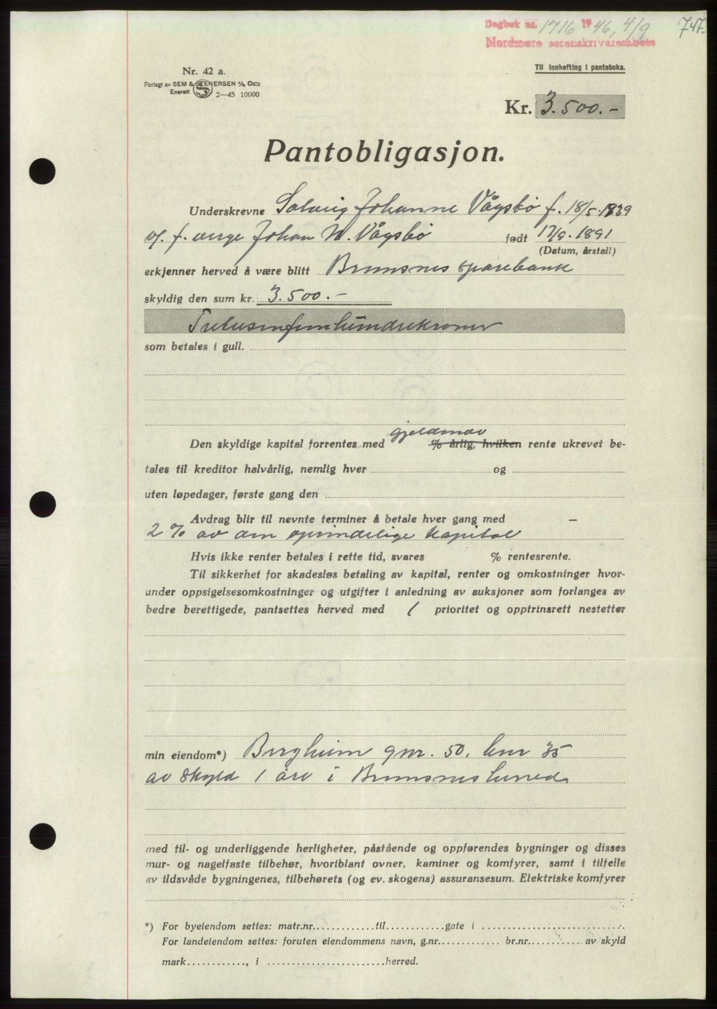 Nordmøre sorenskriveri, AV/SAT-A-4132/1/2/2Ca: Pantebok nr. B94, 1946-1946, Dagboknr: 1716/1946