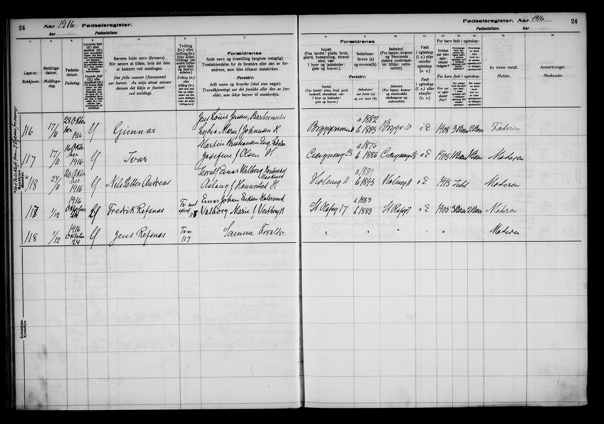 Fredrikstad domkirkes prestekontor Kirkebøker, AV/SAO-A-10906/J/*Ja/L0001: Fødselsregister nr. 1, 1916-1925, s. 24