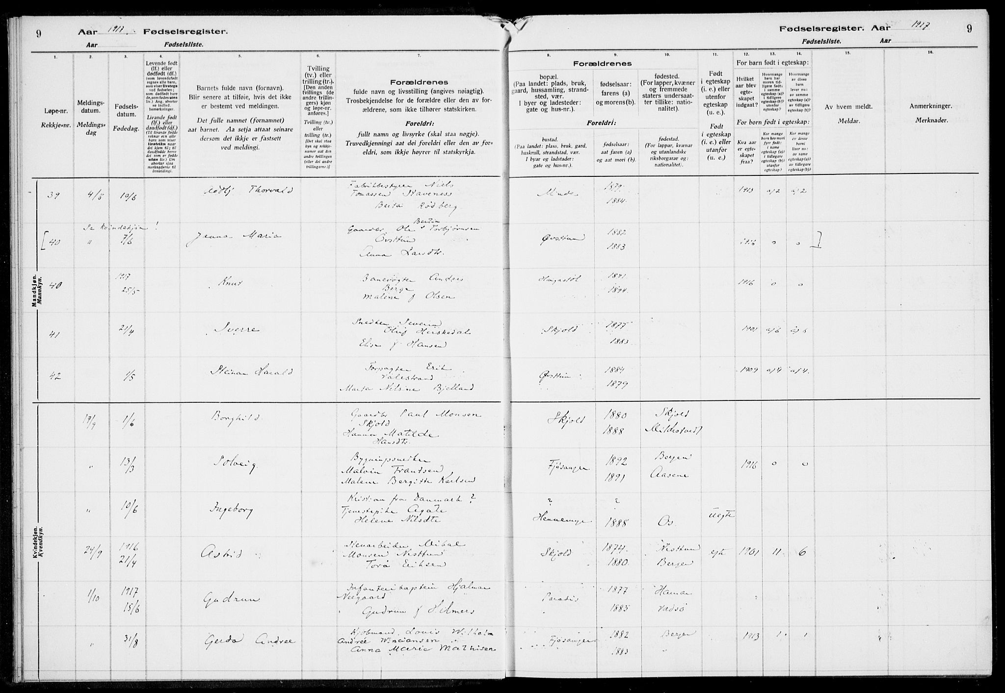Birkeland Sokneprestembete, SAB/A-74601/I/Id/L00A1: Fødselsregister nr. A 1, 1916-1926, s. 9