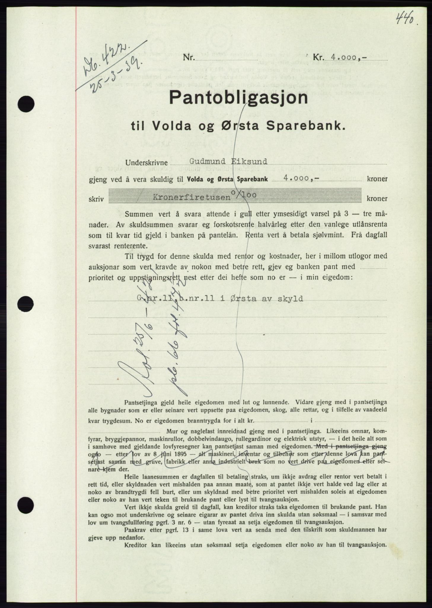 Søre Sunnmøre sorenskriveri, AV/SAT-A-4122/1/2/2C/L0067: Pantebok nr. 61, 1938-1939, Dagboknr: 422/1939