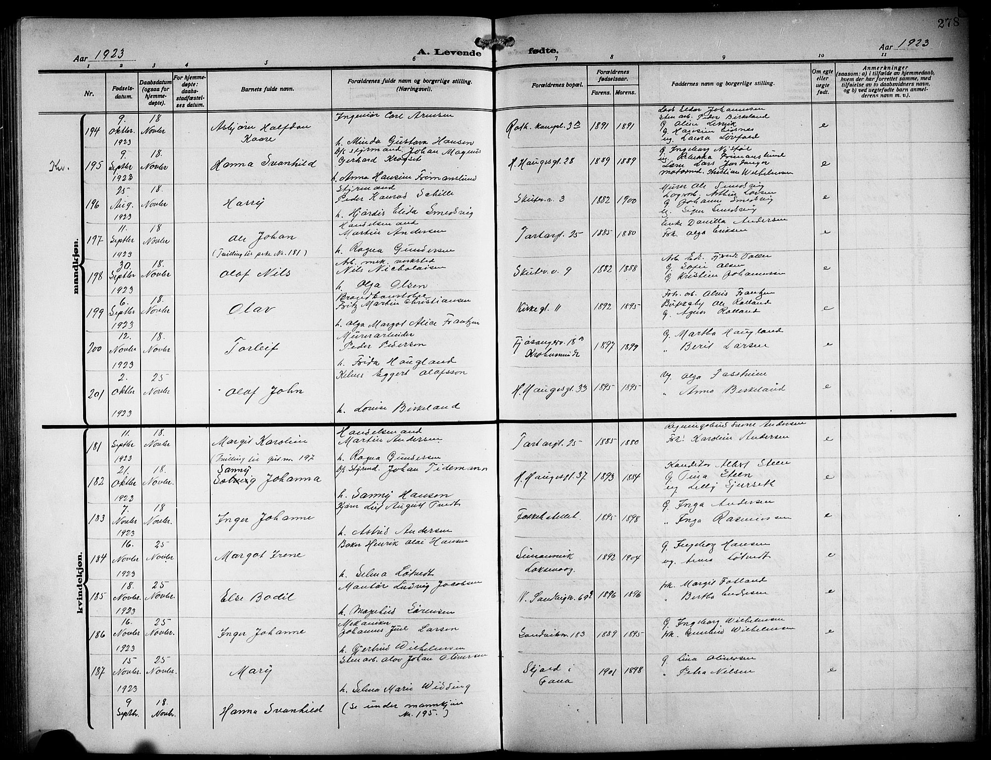 Sandviken Sokneprestembete, AV/SAB-A-77601/H/Hb/L0005: Klokkerbok nr. B 2, 1914-1925, s. 278