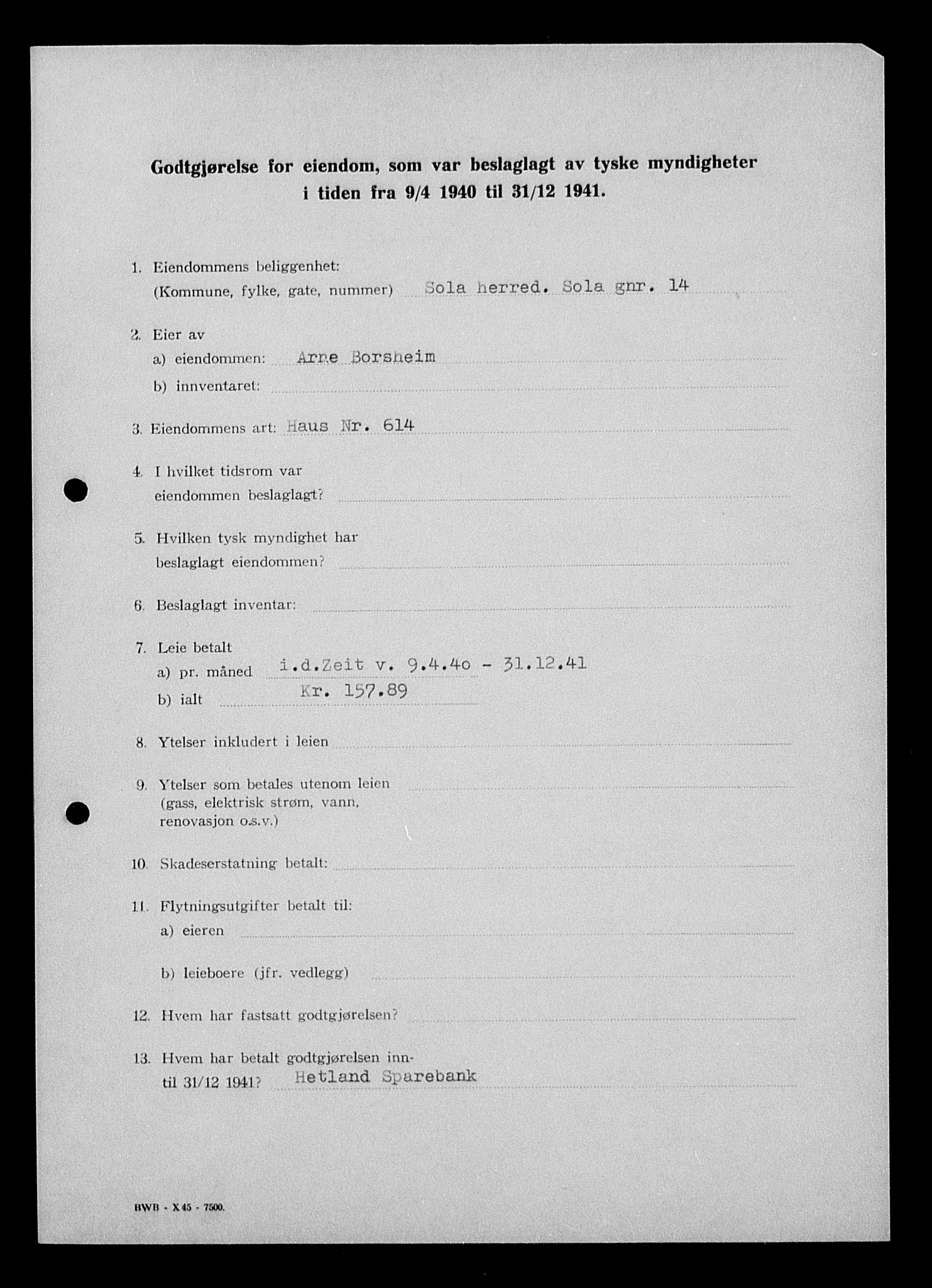 Justisdepartementet, Tilbakeføringskontoret for inndratte formuer, AV/RA-S-1564/I/L1014: Godtgjørelse for beslaglagt eiendom, 1940-1941, s. 203