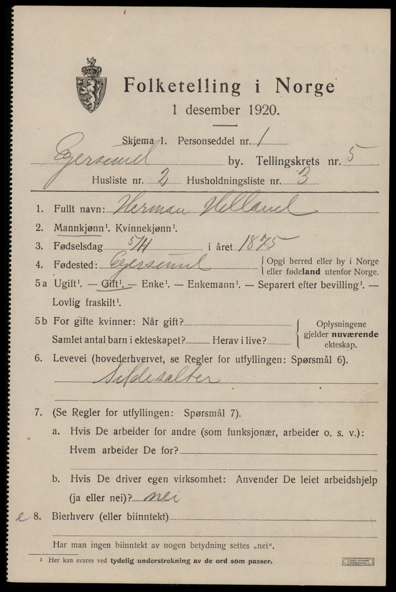 SAST, Folketelling 1920 for 1101 Egersund ladested, 1920, s. 8058