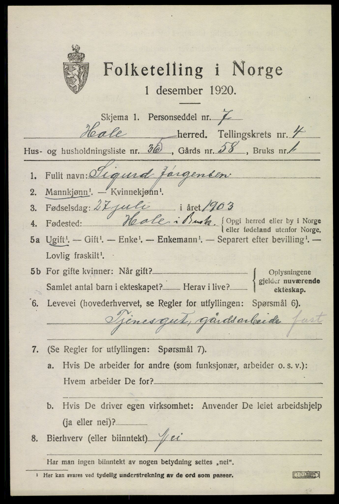 SAKO, Folketelling 1920 for 0612 Hole herred, 1920, s. 3361