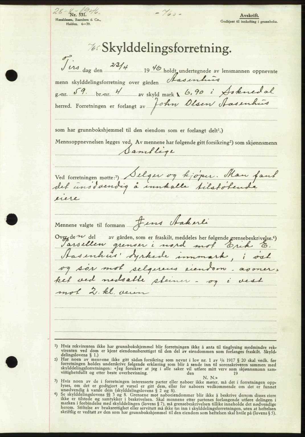 Gauldal sorenskriveri, SAT/A-0014/1/2/2C: Pantebok nr. A2, 1946-1946, Dagboknr: 765/1946