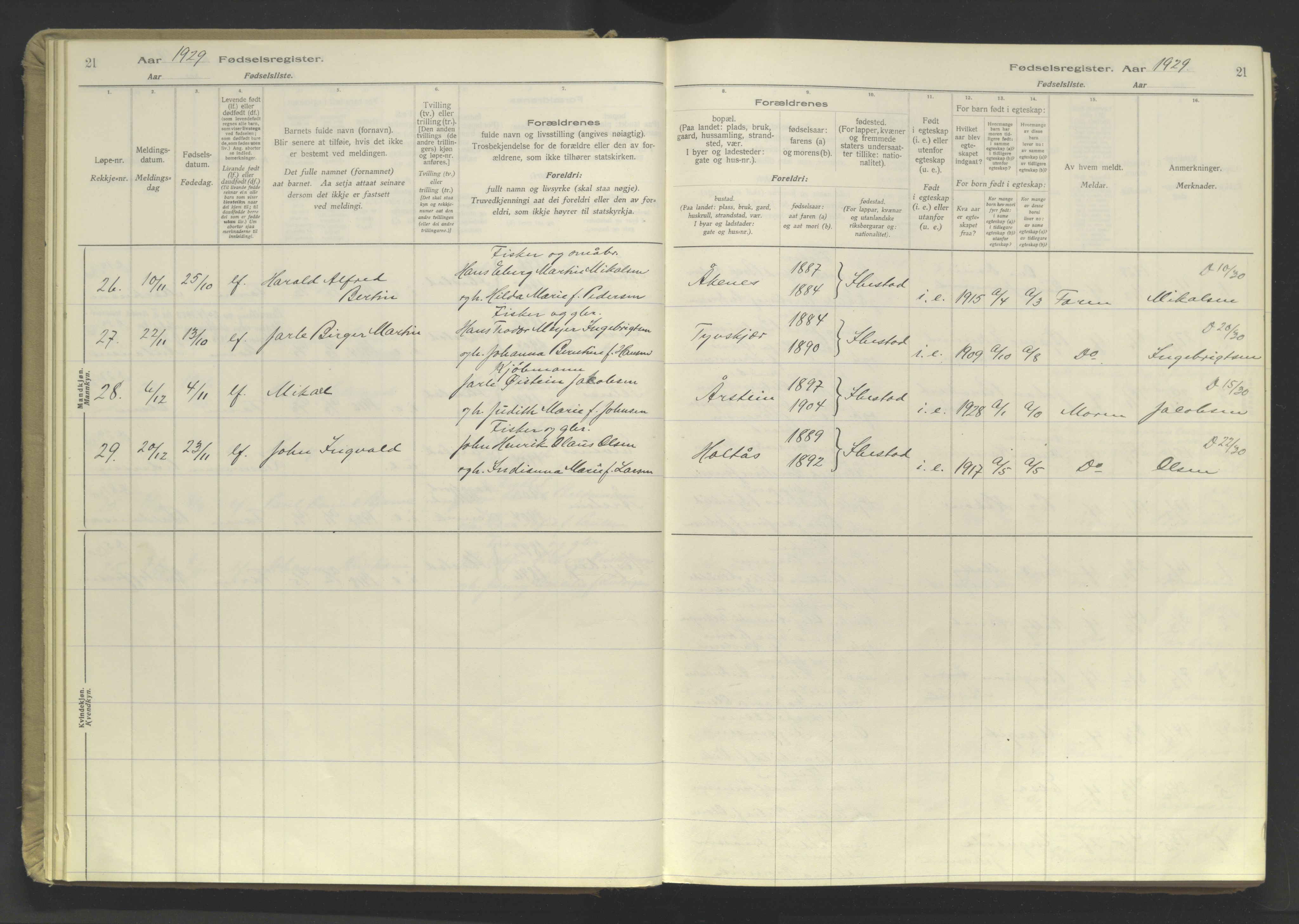 Ibestad sokneprestembete, AV/SATØ-S-0077/I/Ic/L0064: Fødselsregister nr. 64, 1926-1961, s. 21