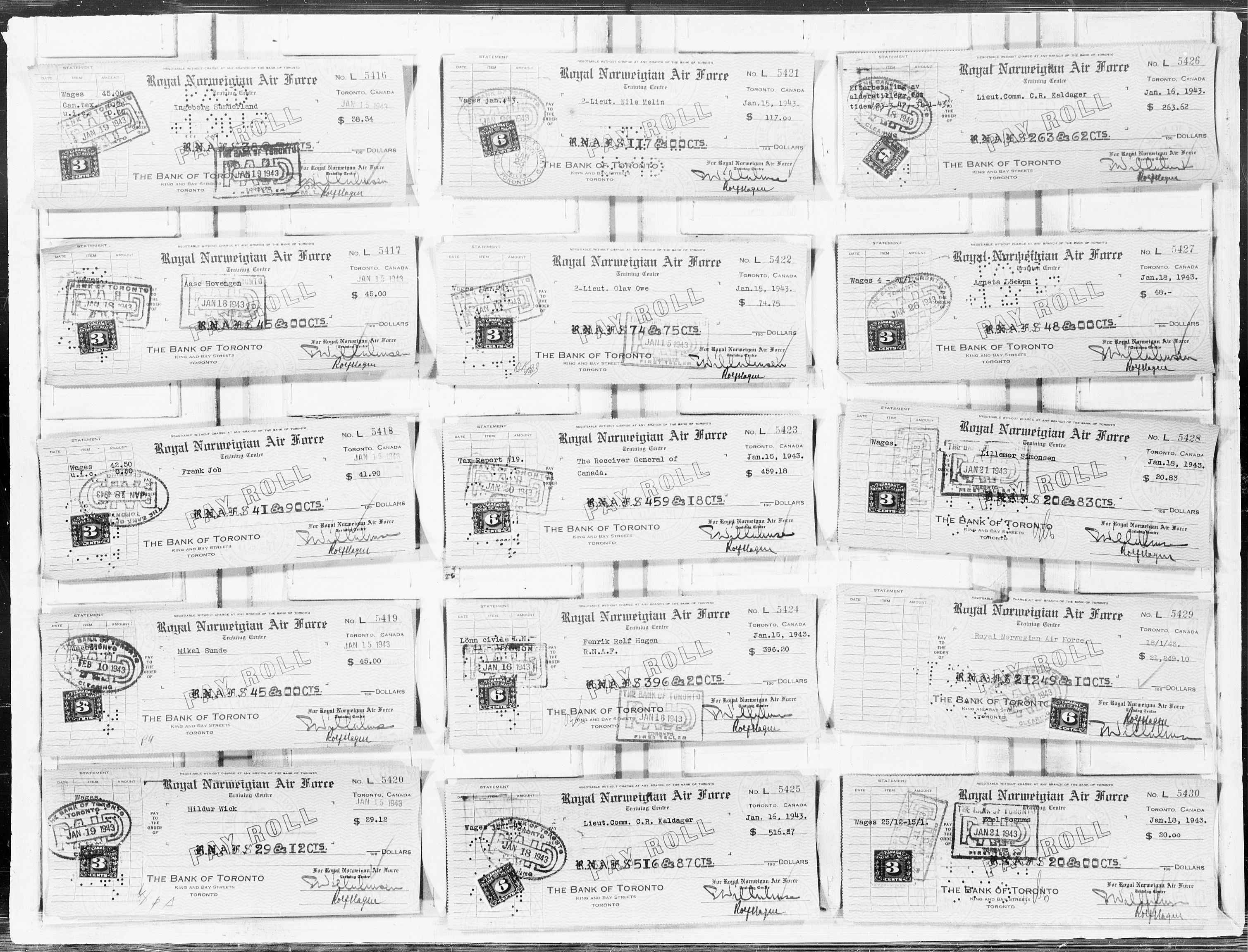 Forsvaret, Flyvåpnenes treningsleir 1940-1945, AV/RA-RAFA-3974/V/L0064: Sjekker.  F.T.L. lønningssjekker L-5 401 til L-10 900., 1940-1945