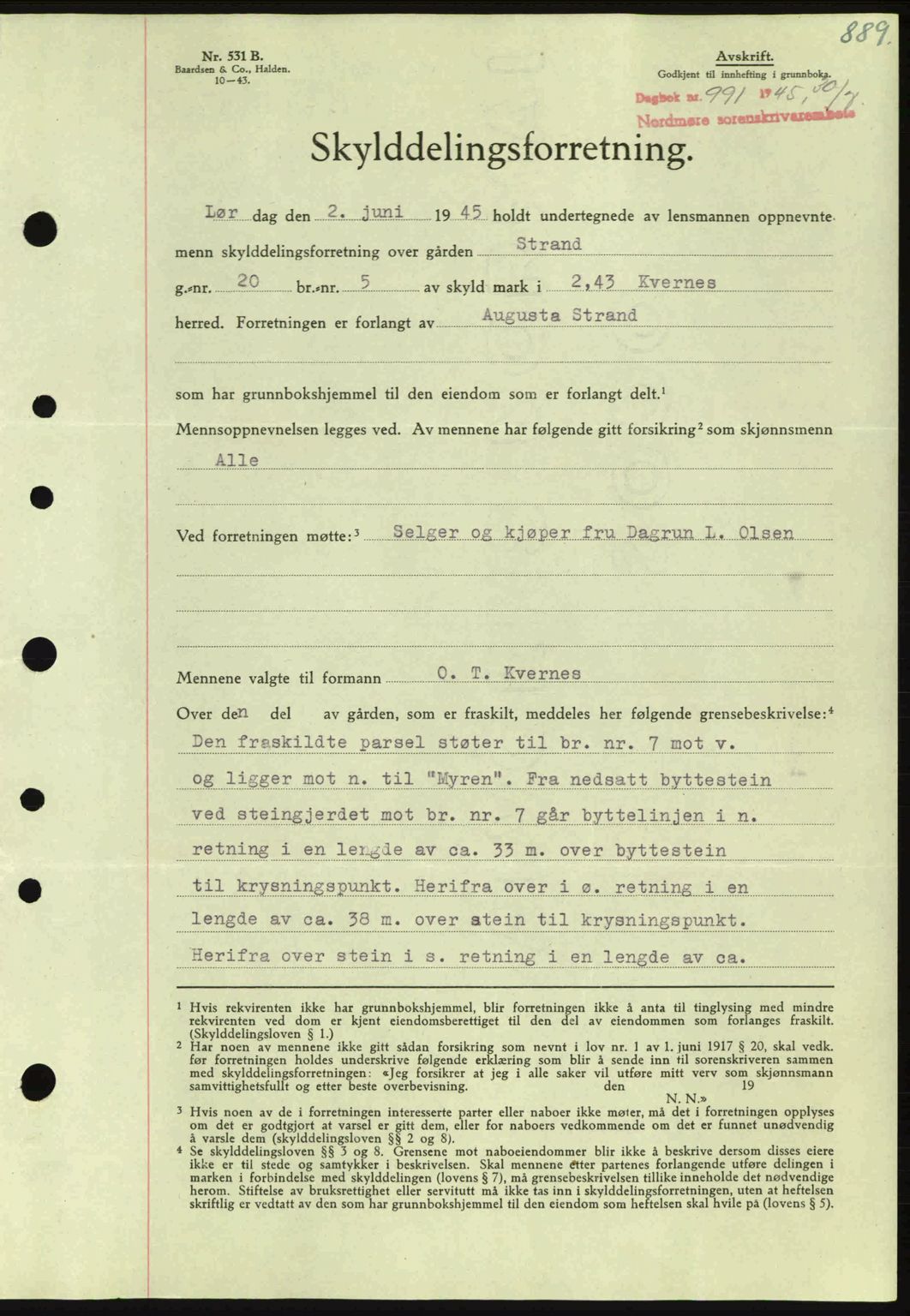 Nordmøre sorenskriveri, SAT/A-4132/1/2/2Ca: Pantebok nr. A99, 1945-1945, Dagboknr: 991/1945