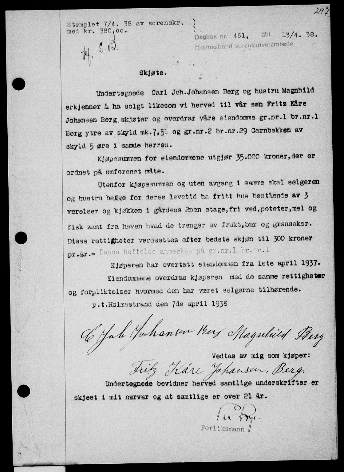 Holmestrand sorenskriveri, SAKO/A-67/G/Ga/Gaa/L0049: Pantebok nr. A-49, 1937-1938, Dagboknr: 461/1938