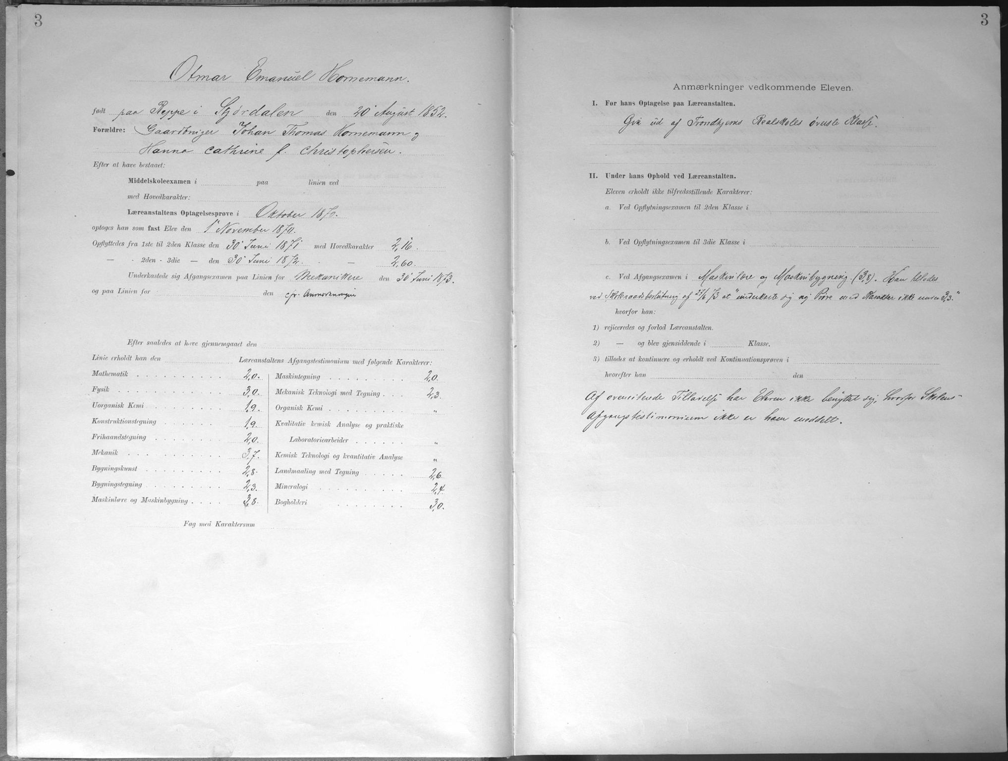 Trondhjems tekniske læreanstalt, AV/SAT-A-1622/G/Ga/L0046: Karakterprotokoll, faste elever, 1870-1890