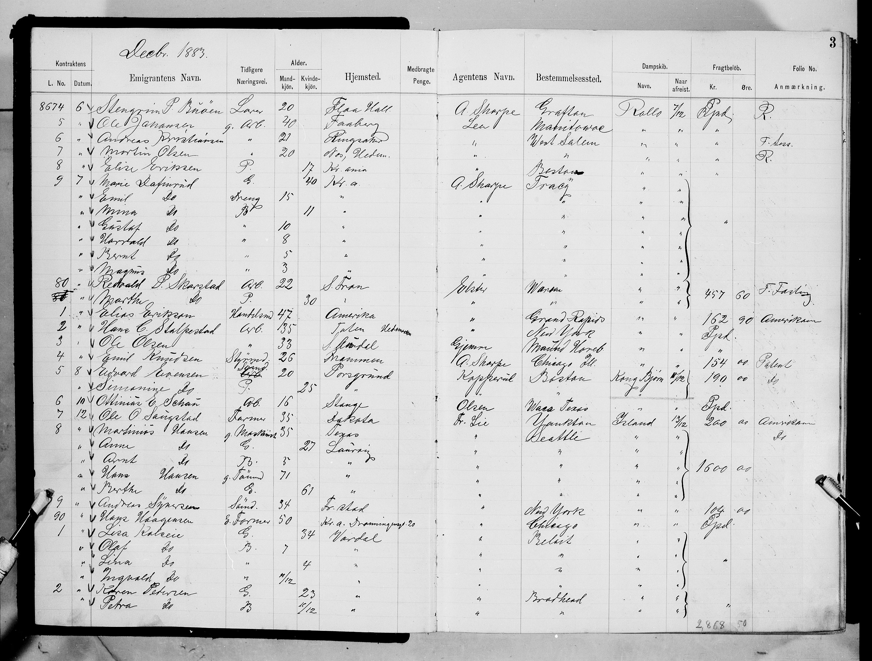 Oslo politidistrikt, AV/SAO-A-10085/E/Ee/Eef/L0011: Emigrantprotokoll, 1883-1885