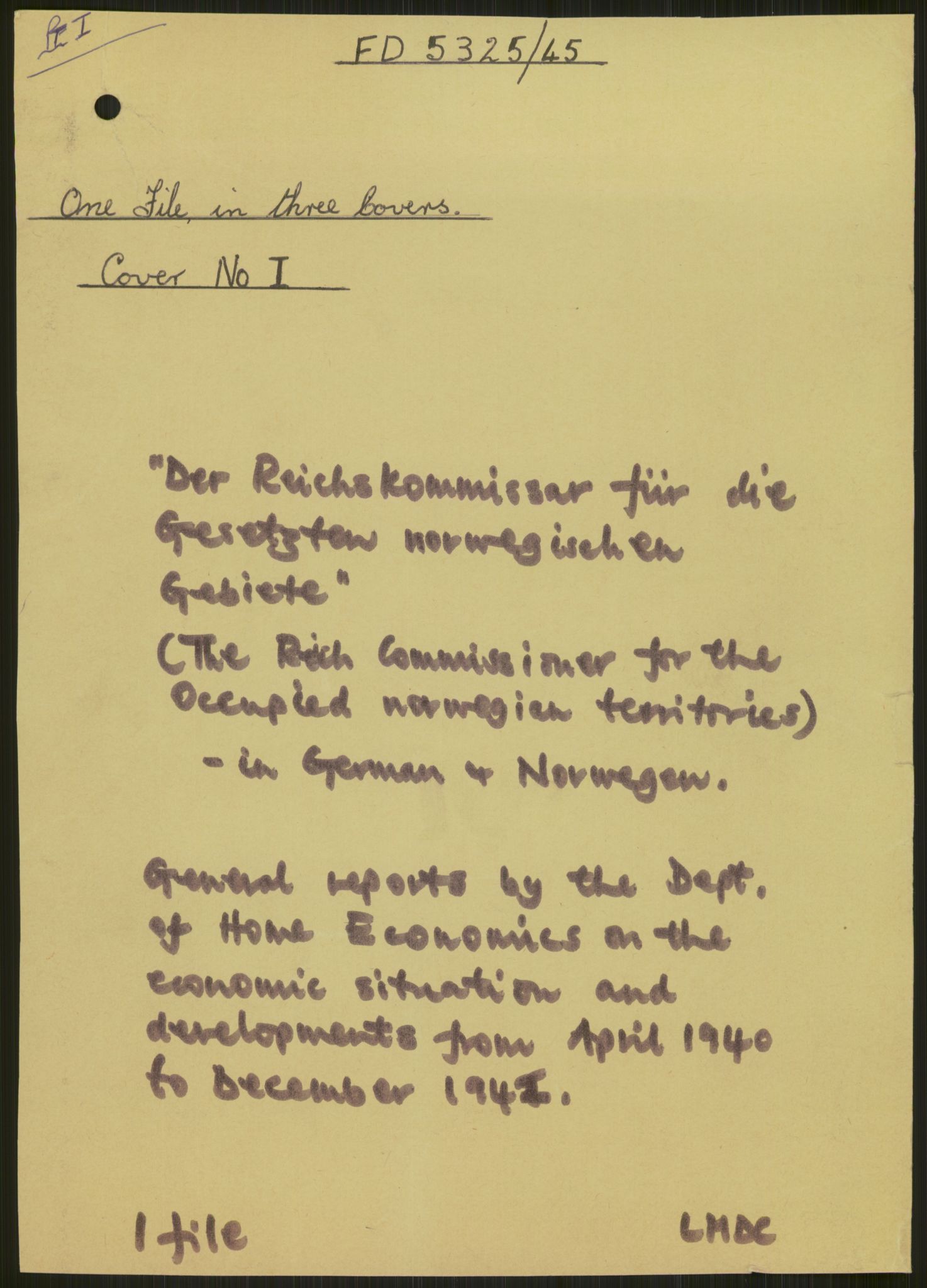 Documents Section, AV/RA-RAFA-2200/F/L0049/0013: Dokumenter returnert fra Imperial War Museum (IWM) / FD 5325/45.  Hauptabt. Volkswirtschaft:  Berichte 16. Apr - 15. Jul 1942.
Sammendrag for hele FD 5325/45.
IWM Box S 337, File No. 2.  Cover No. I., 1942