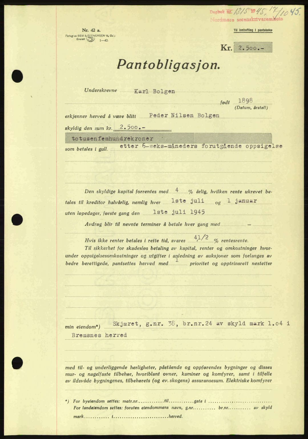 Nordmøre sorenskriveri, AV/SAT-A-4132/1/2/2Ca: Pantebok nr. B93a, 1945-1945, Dagboknr: 1315/1945