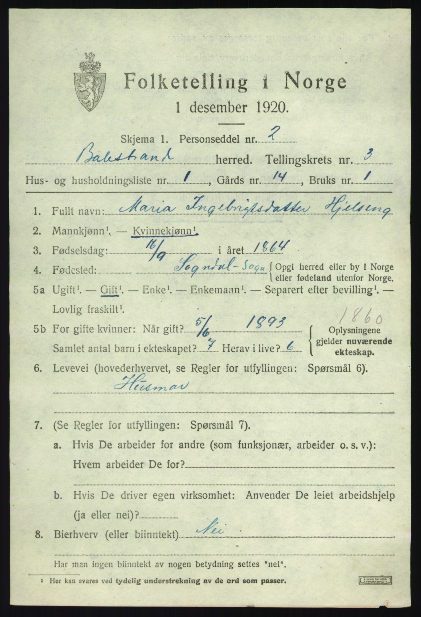 SAB, Folketelling 1920 for 1418 Balestrand herred, 1920, s. 1840