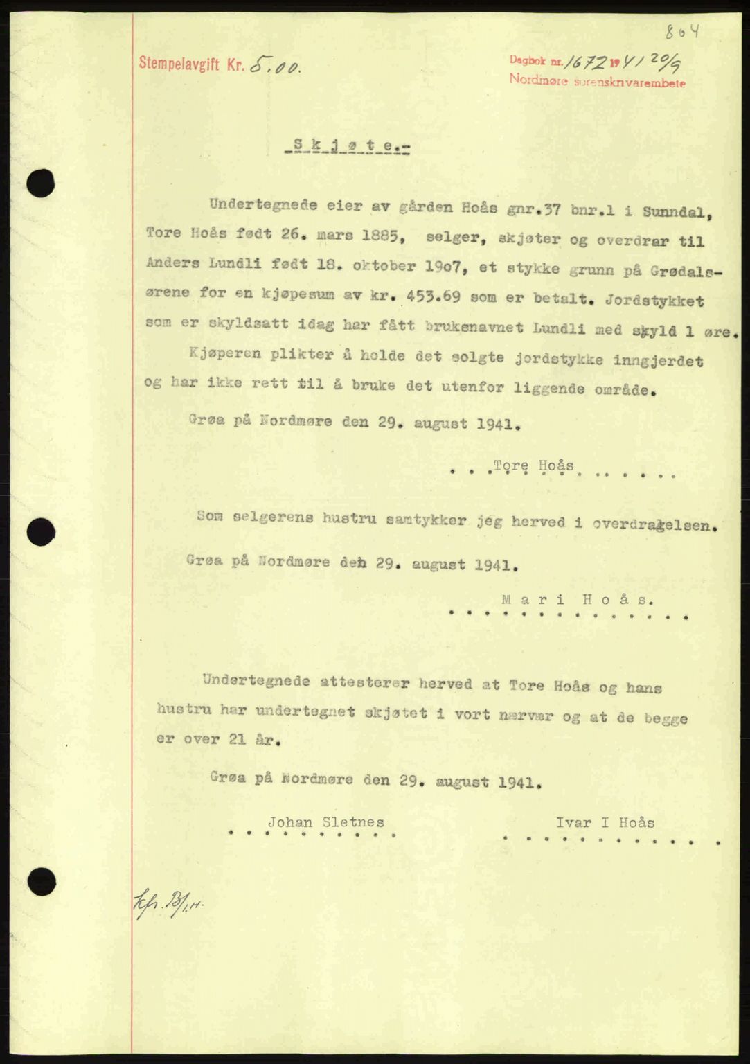 Nordmøre sorenskriveri, SAT/A-4132/1/2/2Ca: Pantebok nr. A90, 1941-1941, Dagboknr: 1672/1941