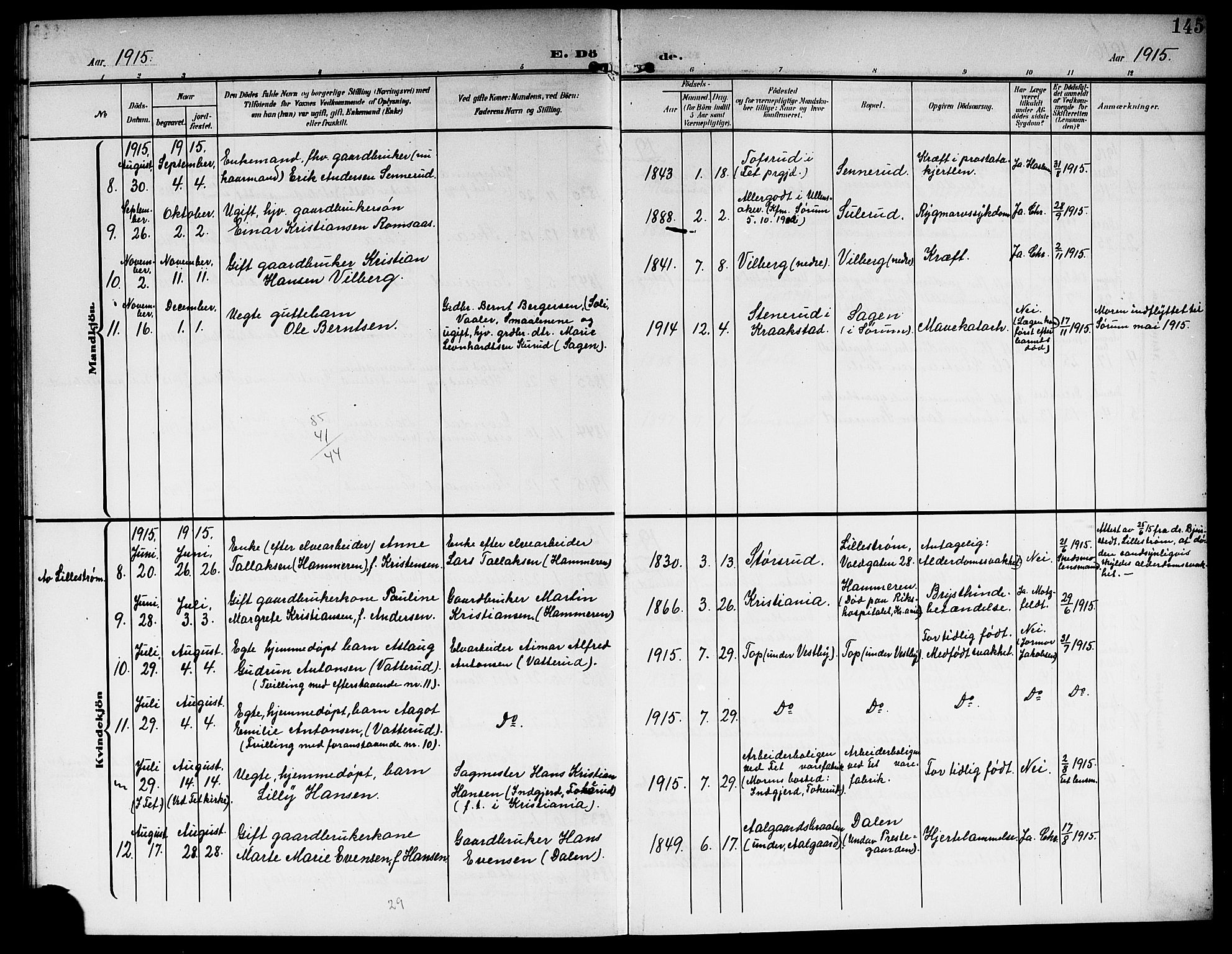 Sørum prestekontor Kirkebøker, SAO/A-10303/G/Ga/L0007: Klokkerbok nr. I 7, 1907-1917, s. 145