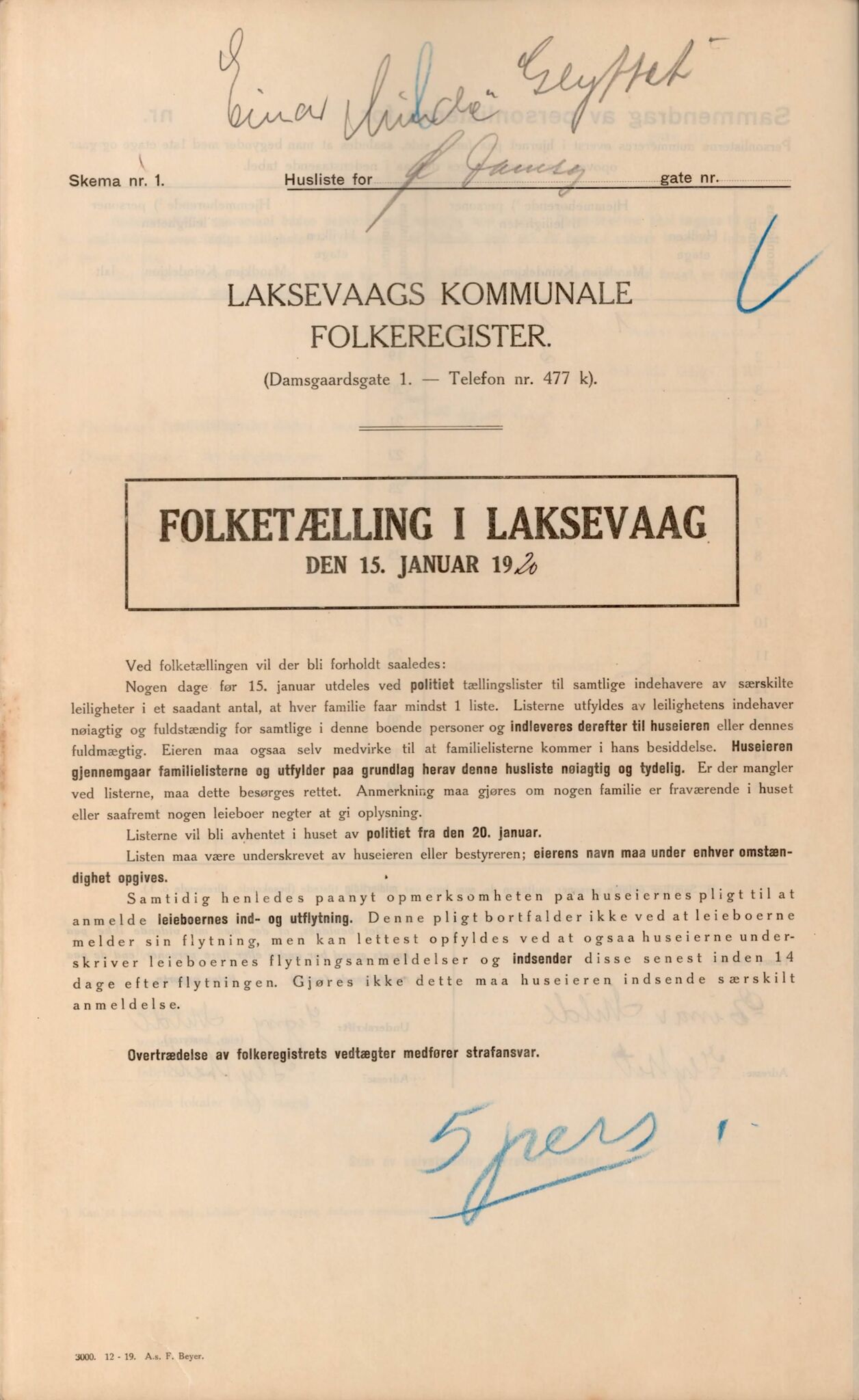 Laksevåg kommune. Folkeregisteret, BBA/A-1586/E/Ea/L0001: Folketellingskjema 1920, 1920, s. 472