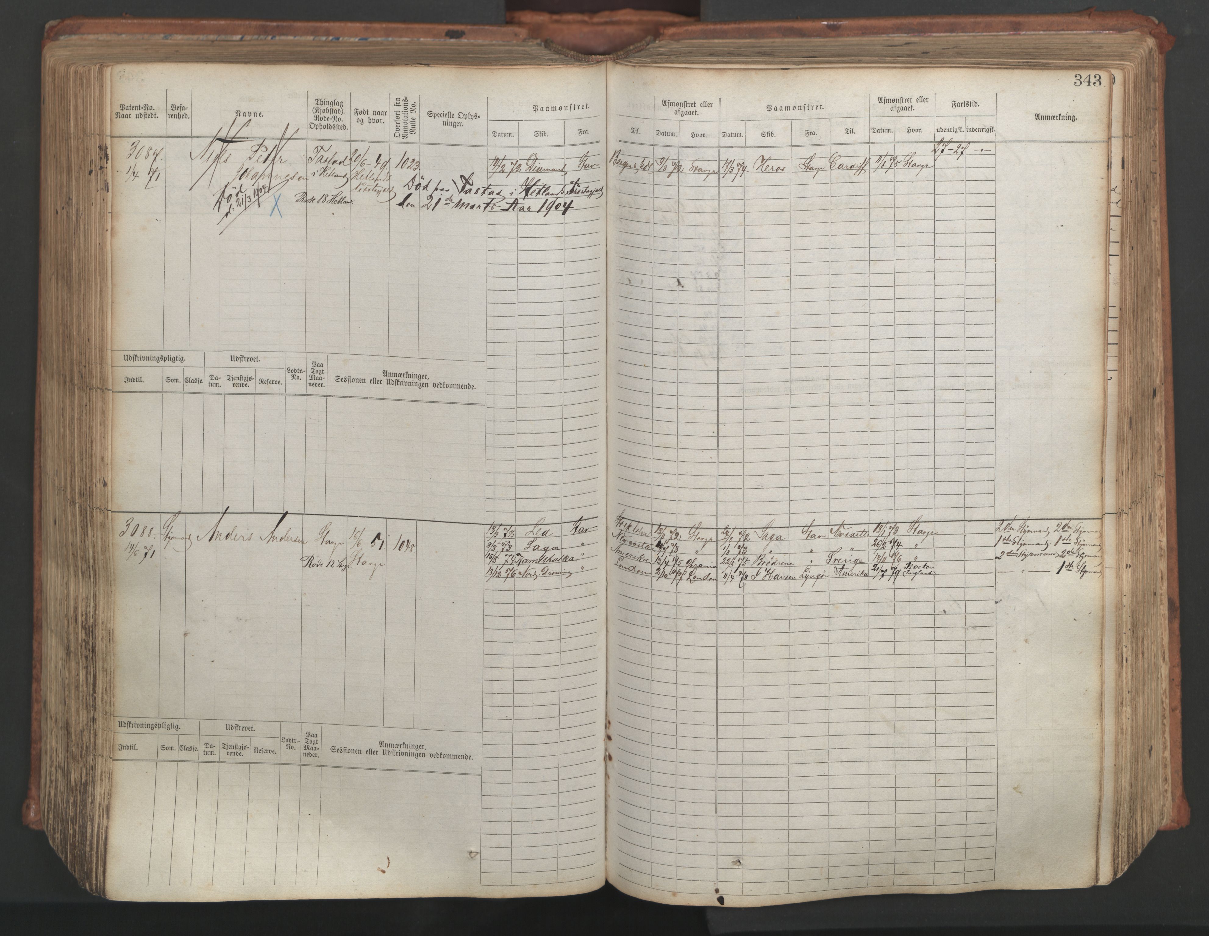 Stavanger sjømannskontor, AV/SAST-A-102006/F/Fb/Fbb/L0007: Sjøfartshovedrulle, patentnr. 2403-3604, 1869-1880, s. 385