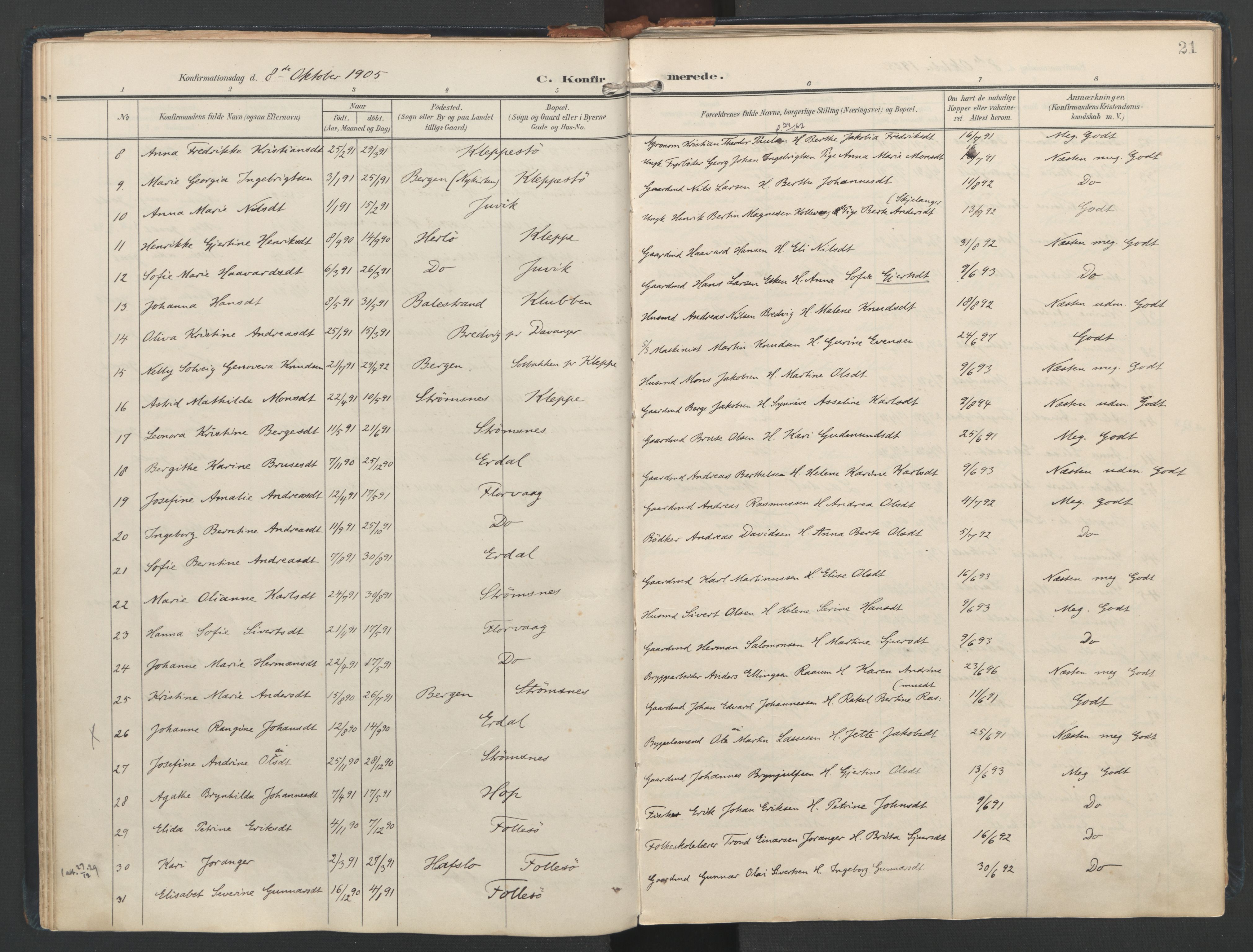 Askøy Sokneprestembete, AV/SAB-A-74101/H/Ha/Haa/Haad/L0001: Ministerialbok nr. D 1, 1902-1916, s. 21