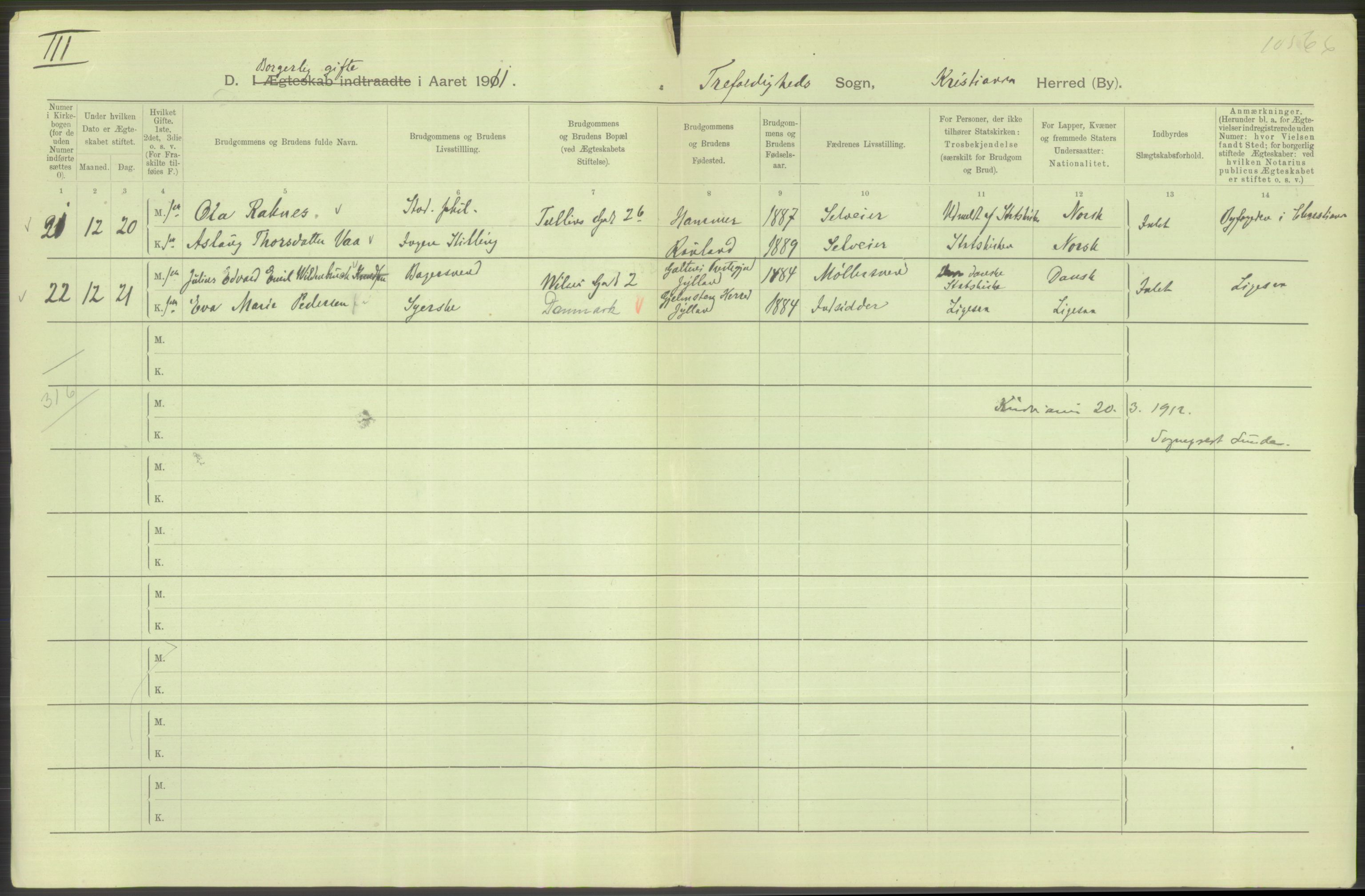 Statistisk sentralbyrå, Sosiodemografiske emner, Befolkning, RA/S-2228/D/Df/Dfb/Dfba/L0008: Kristiania: Gifte, 1911, s. 616