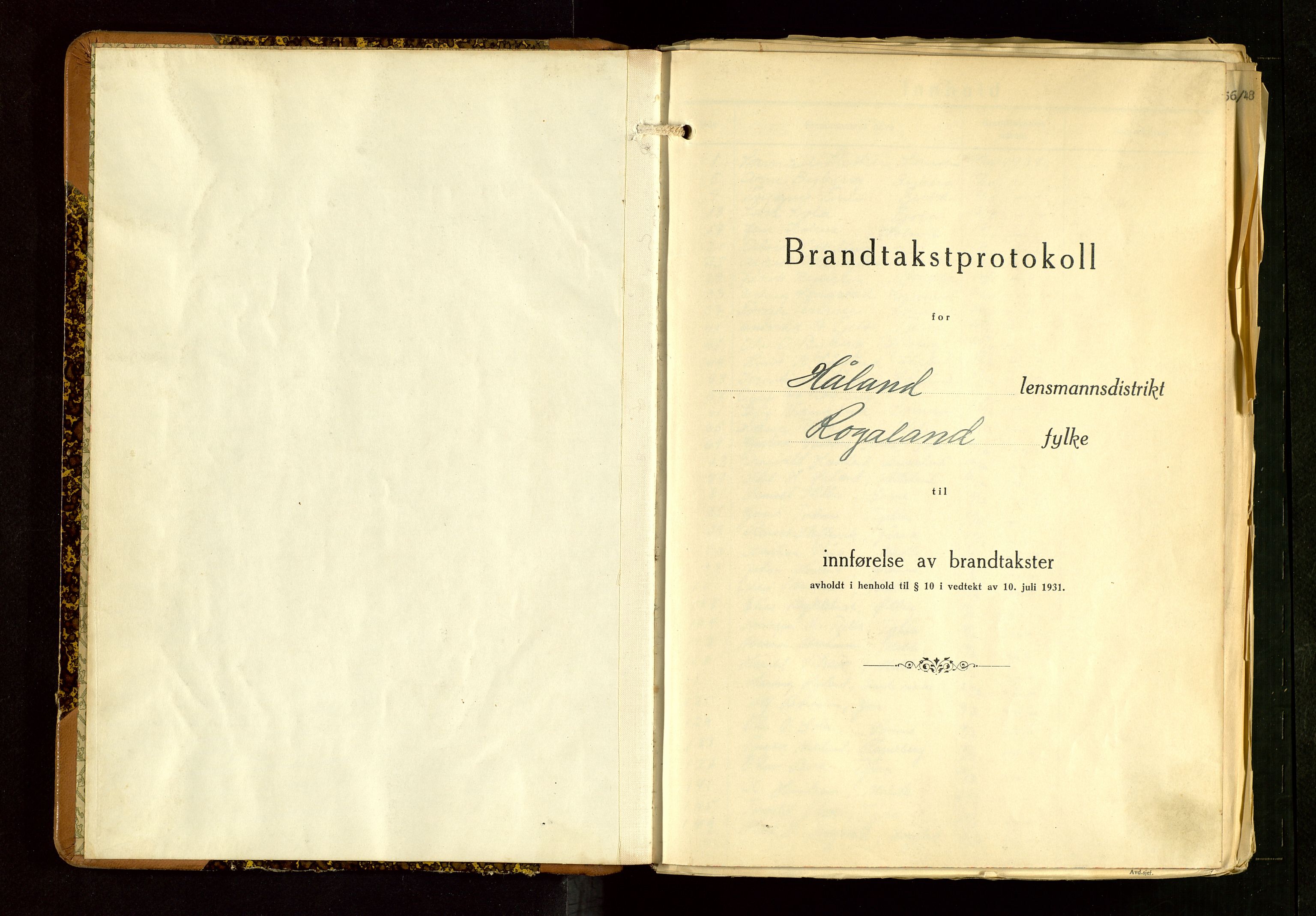 Håland lensmannskontor, SAST/A-100100/Gob/L0012: "Brandtakstprotokoll" - skjematakst. Register i boken., 1938-1941