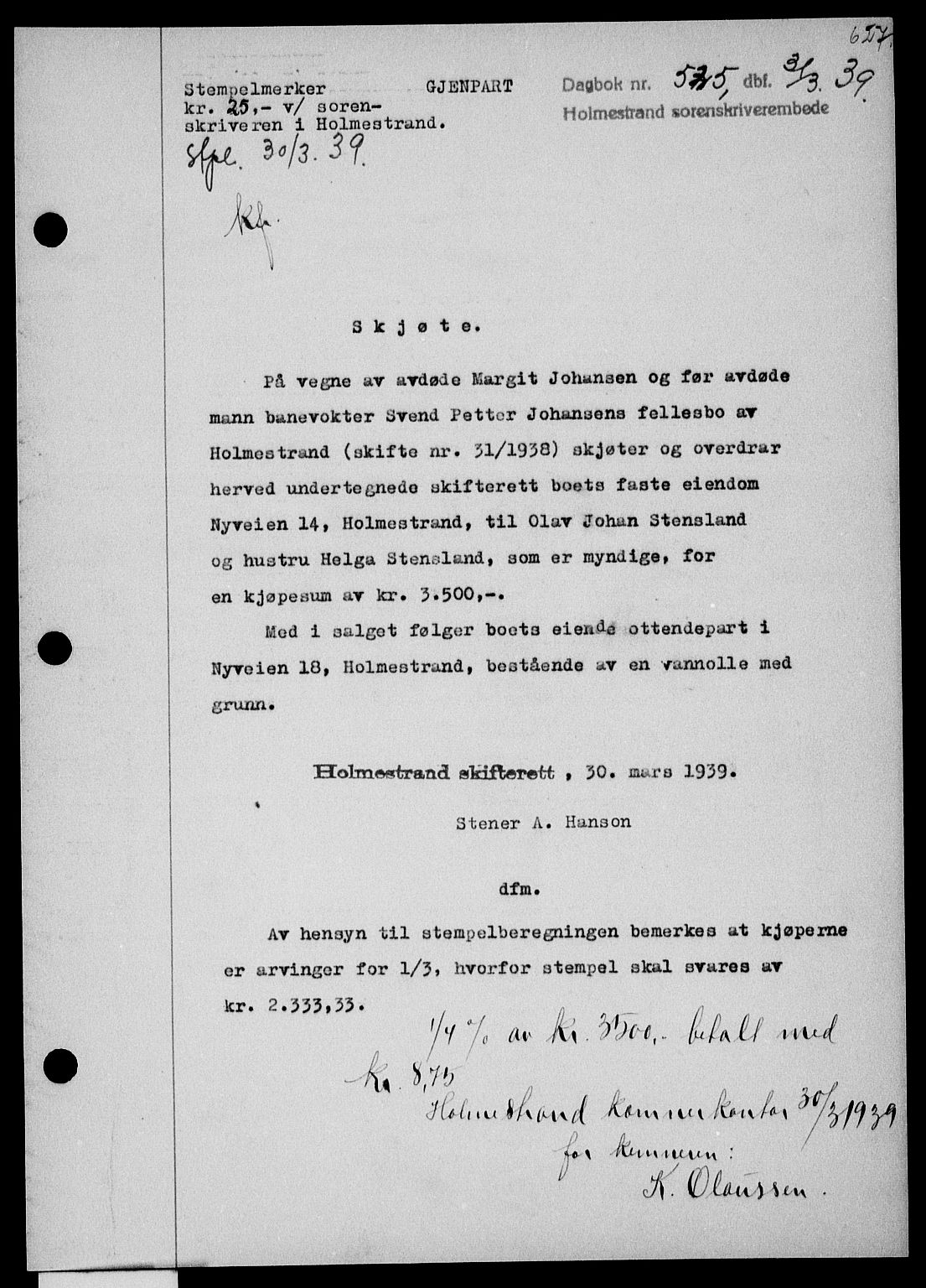 Holmestrand sorenskriveri, SAKO/A-67/G/Ga/Gaa/L0050: Pantebok nr. A-50, 1938-1939, Dagboknr: 525/1939