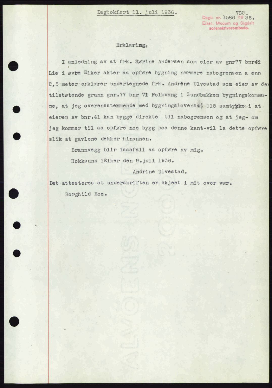 Eiker, Modum og Sigdal sorenskriveri, SAKO/A-123/G/Ga/Gab/L0032: Pantebok nr. A2, 1936-1936, Dagboknr: 1586/1936