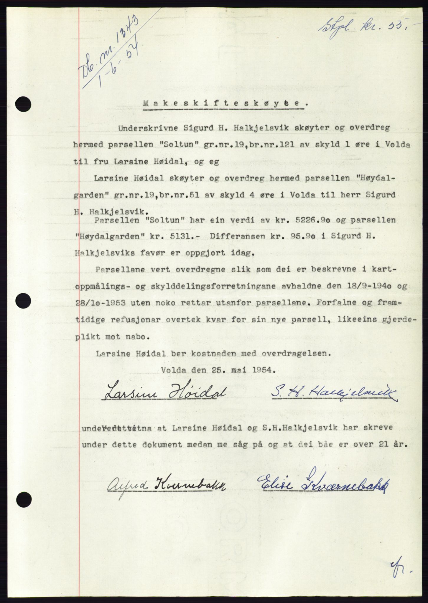 Søre Sunnmøre sorenskriveri, SAT/A-4122/1/2/2C/L0098: Pantebok nr. 24A, 1954-1954, Dagboknr: 1343/1954