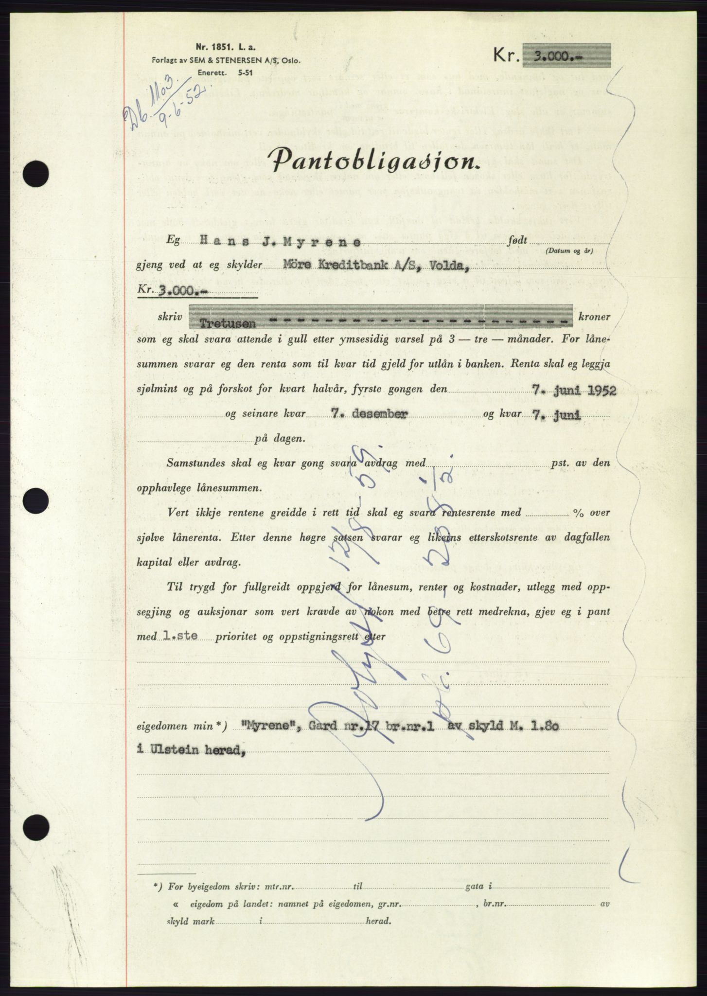 Søre Sunnmøre sorenskriveri, AV/SAT-A-4122/1/2/2C/L0121: Pantebok nr. 9B, 1951-1952, Dagboknr: 1103/1952