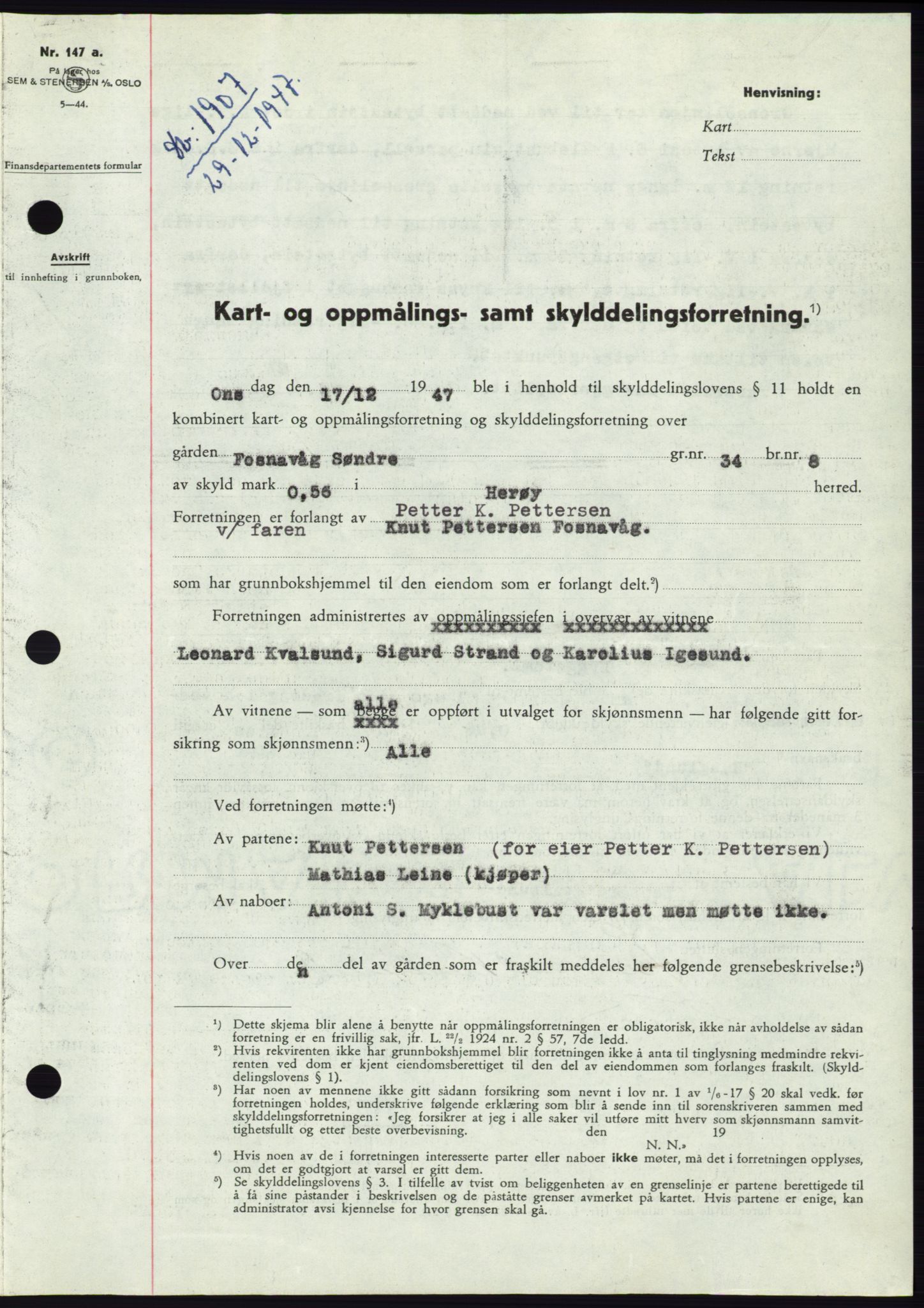 Søre Sunnmøre sorenskriveri, SAT/A-4122/1/2/2C/L0081: Pantebok nr. 7A, 1947-1948, Dagboknr: 1907/1947