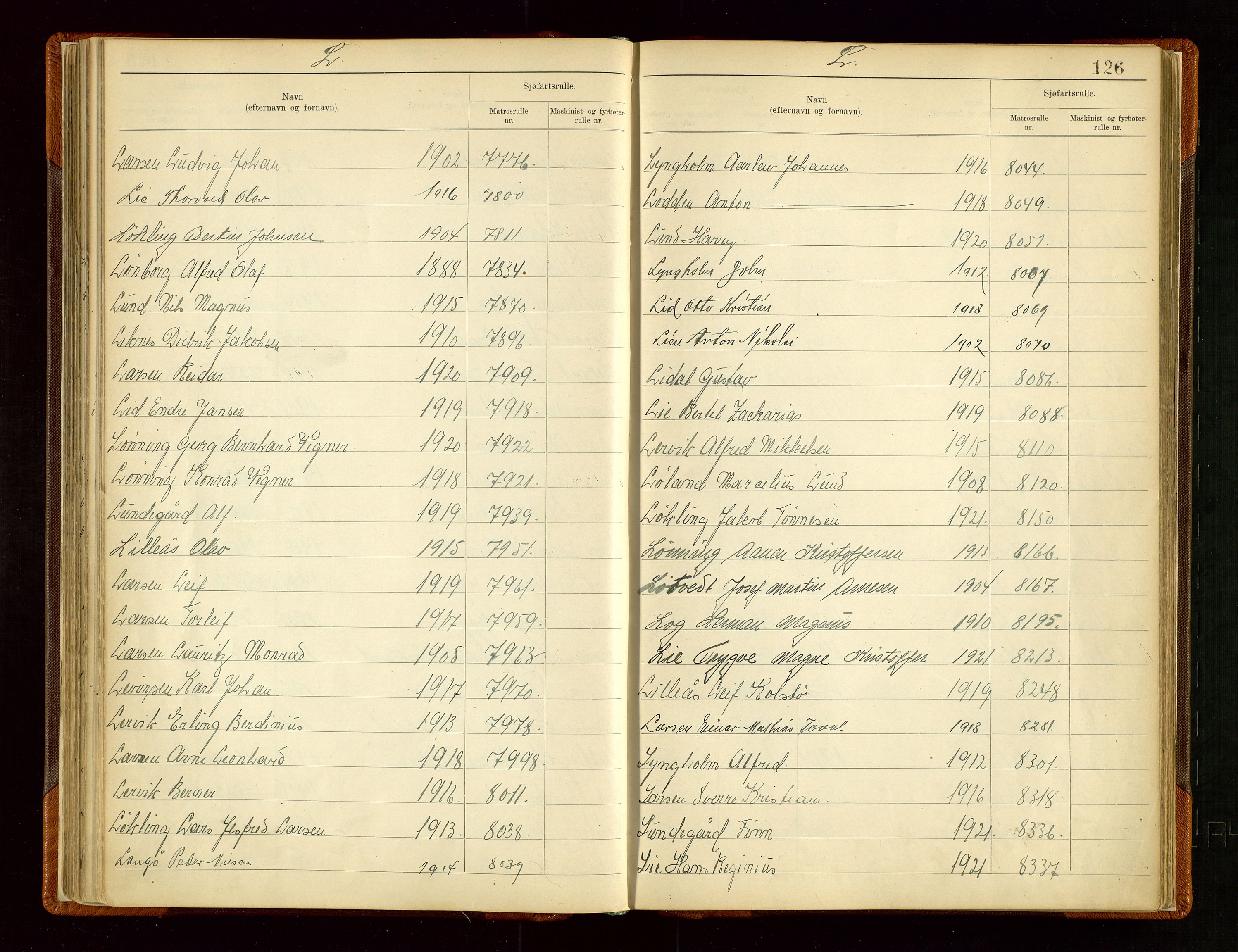Haugesund sjømannskontor, AV/SAST-A-102007/F/Fb/Fba/L0006: Navneregister med henvisning til rullenummer (etternavn) Haugesund krets , 1945, s. 126