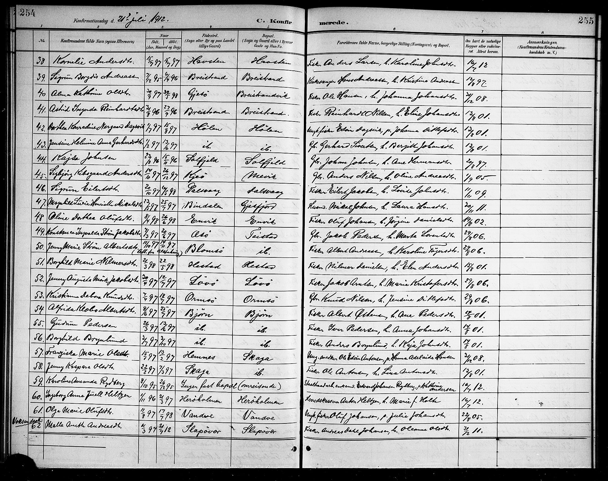 Ministerialprotokoller, klokkerbøker og fødselsregistre - Nordland, AV/SAT-A-1459/834/L0516: Klokkerbok nr. 834C06, 1902-1918, s. 254-255