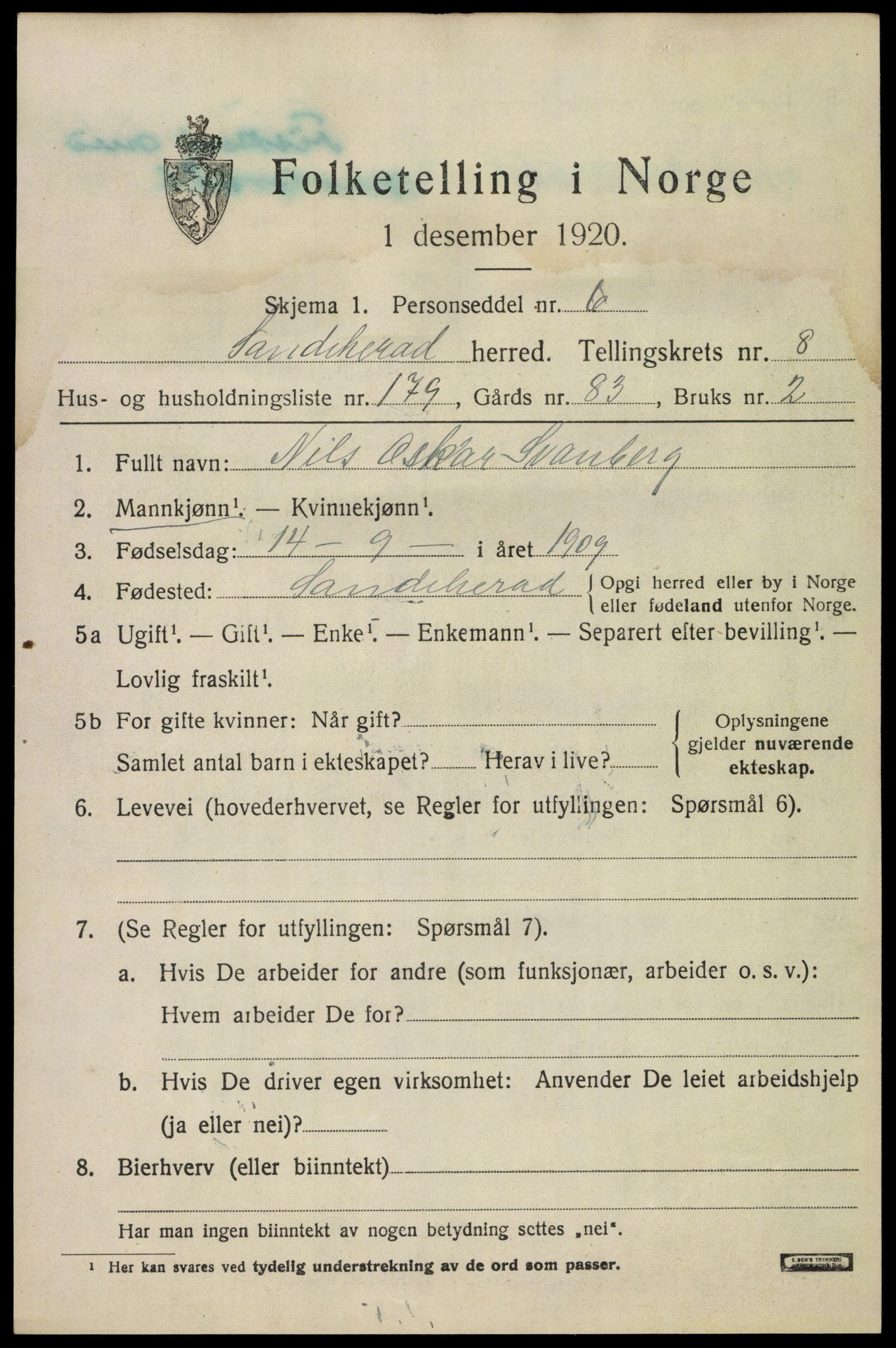 SAKO, Folketelling 1920 for 0724 Sandeherred herred, 1920, s. 14264
