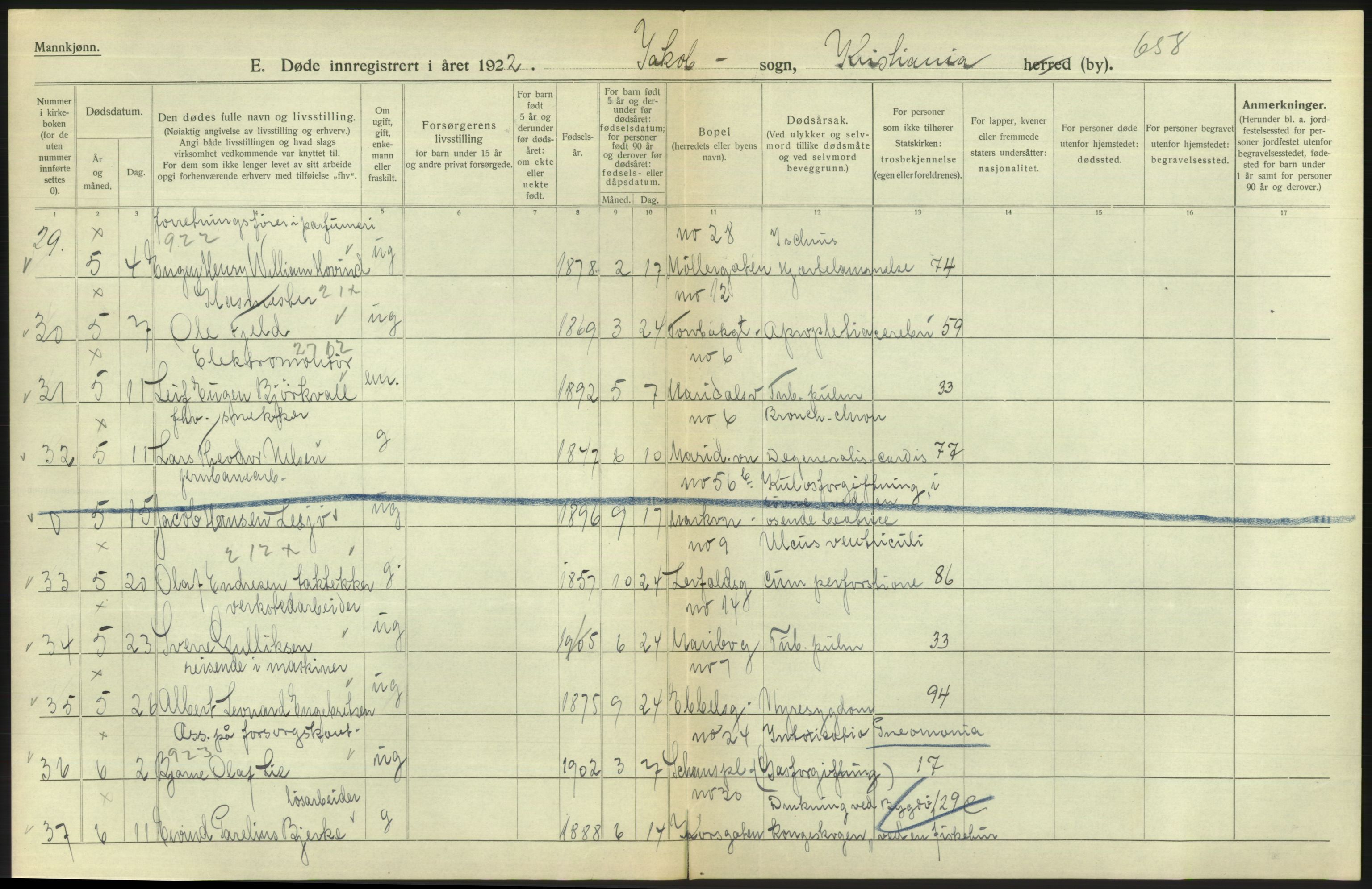 Statistisk sentralbyrå, Sosiodemografiske emner, Befolkning, AV/RA-S-2228/D/Df/Dfc/Dfcb/L0009: Kristiania: Døde, 1922, s. 218