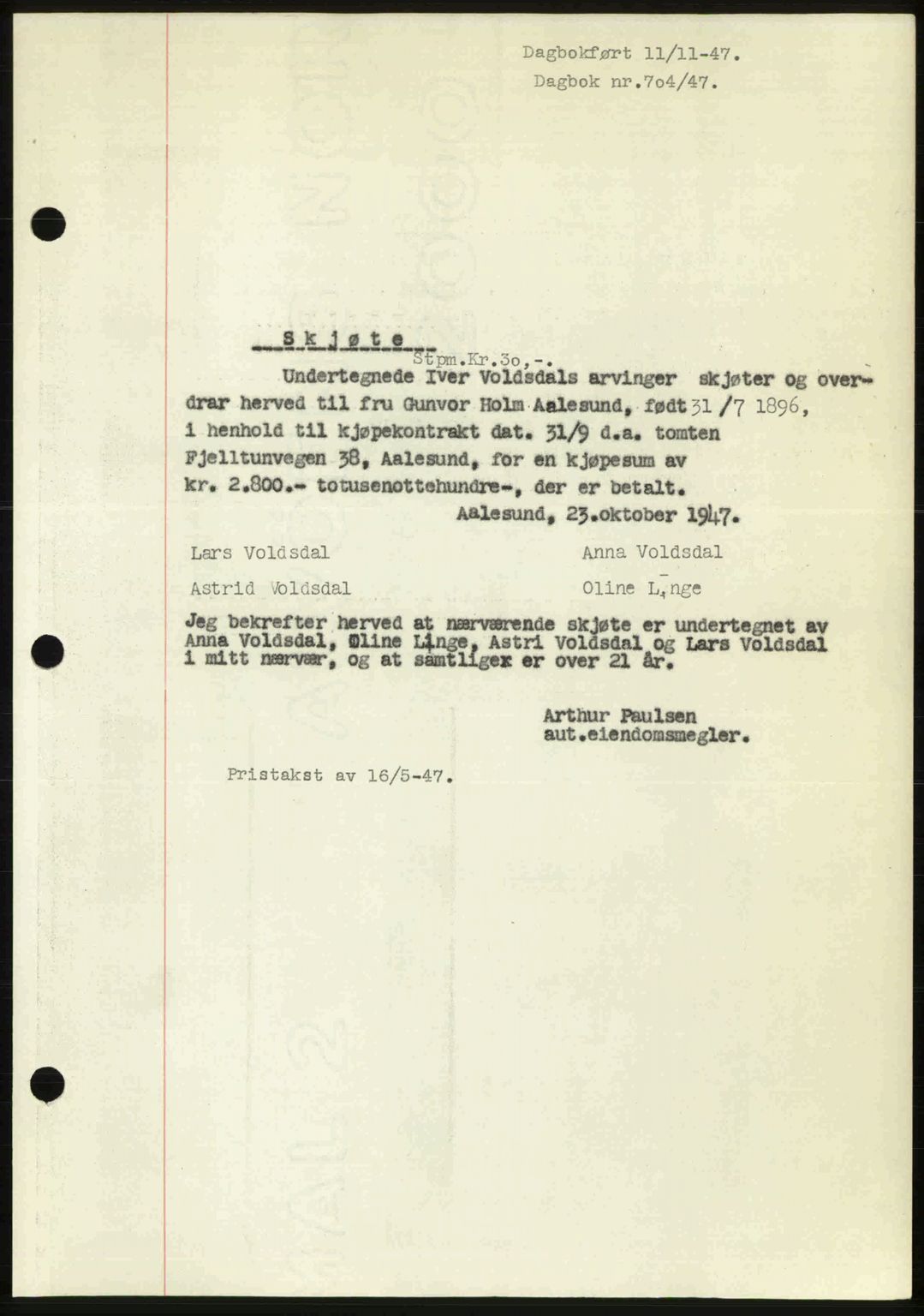 Ålesund byfogd, AV/SAT-A-4384: Pantebok nr. 37A (1), 1947-1949, Dagboknr: 704/1947