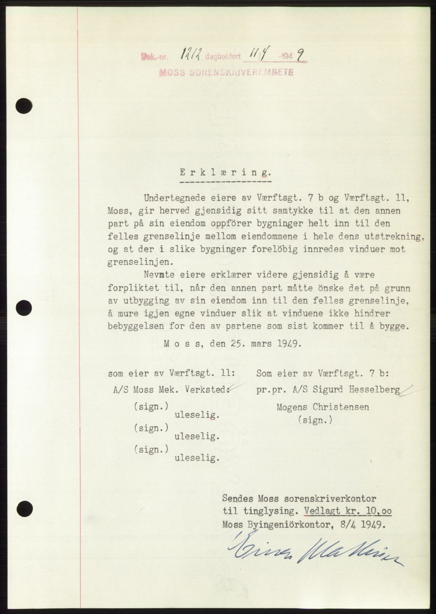 Moss sorenskriveri, SAO/A-10168: Pantebok nr. B21, 1949-1949, Dagboknr: 1212/1949