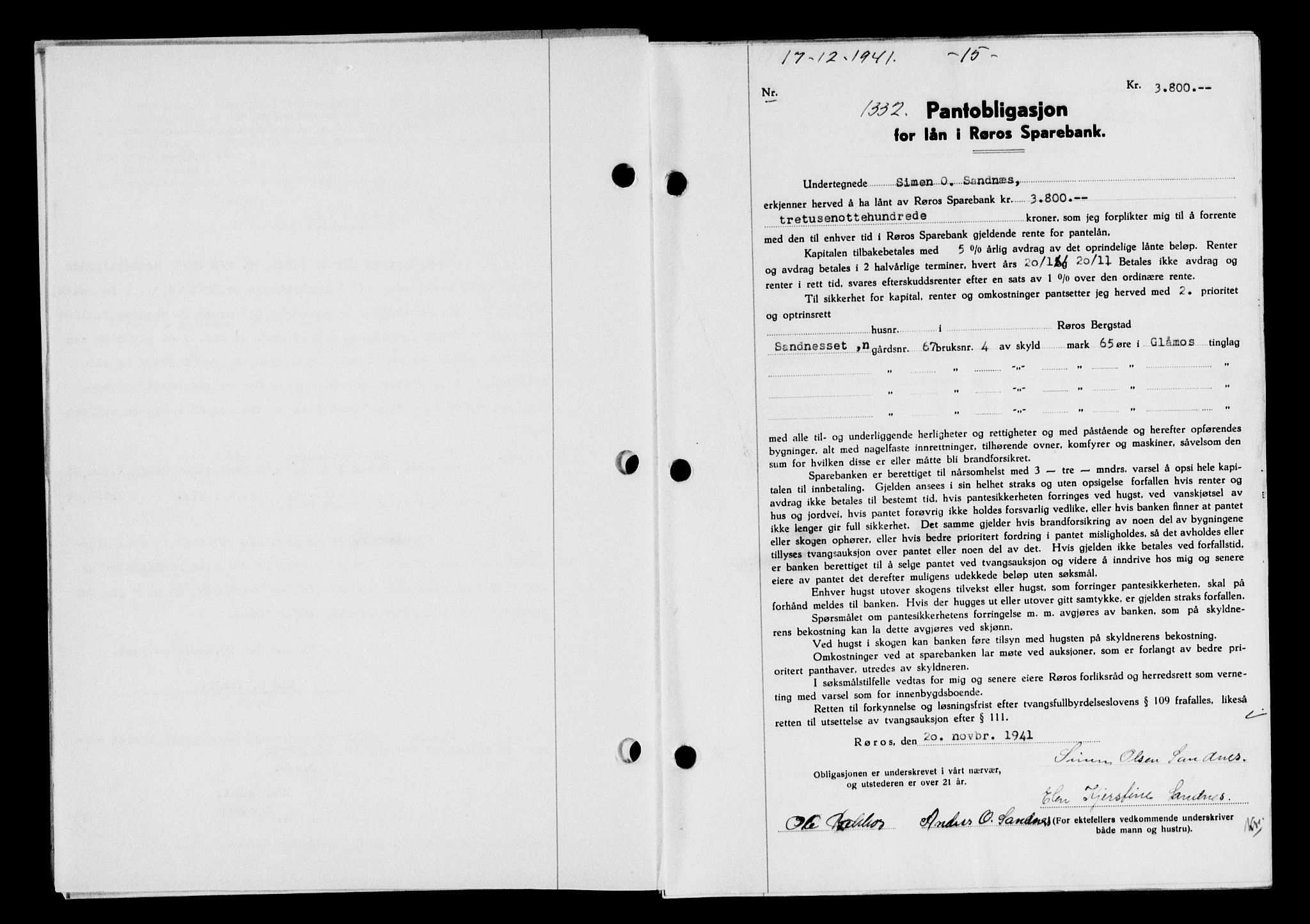 Gauldal sorenskriveri, SAT/A-0014/1/2/2C/L0054: Pantebok nr. 59, 1941-1942, Dagboknr: 1332/1941