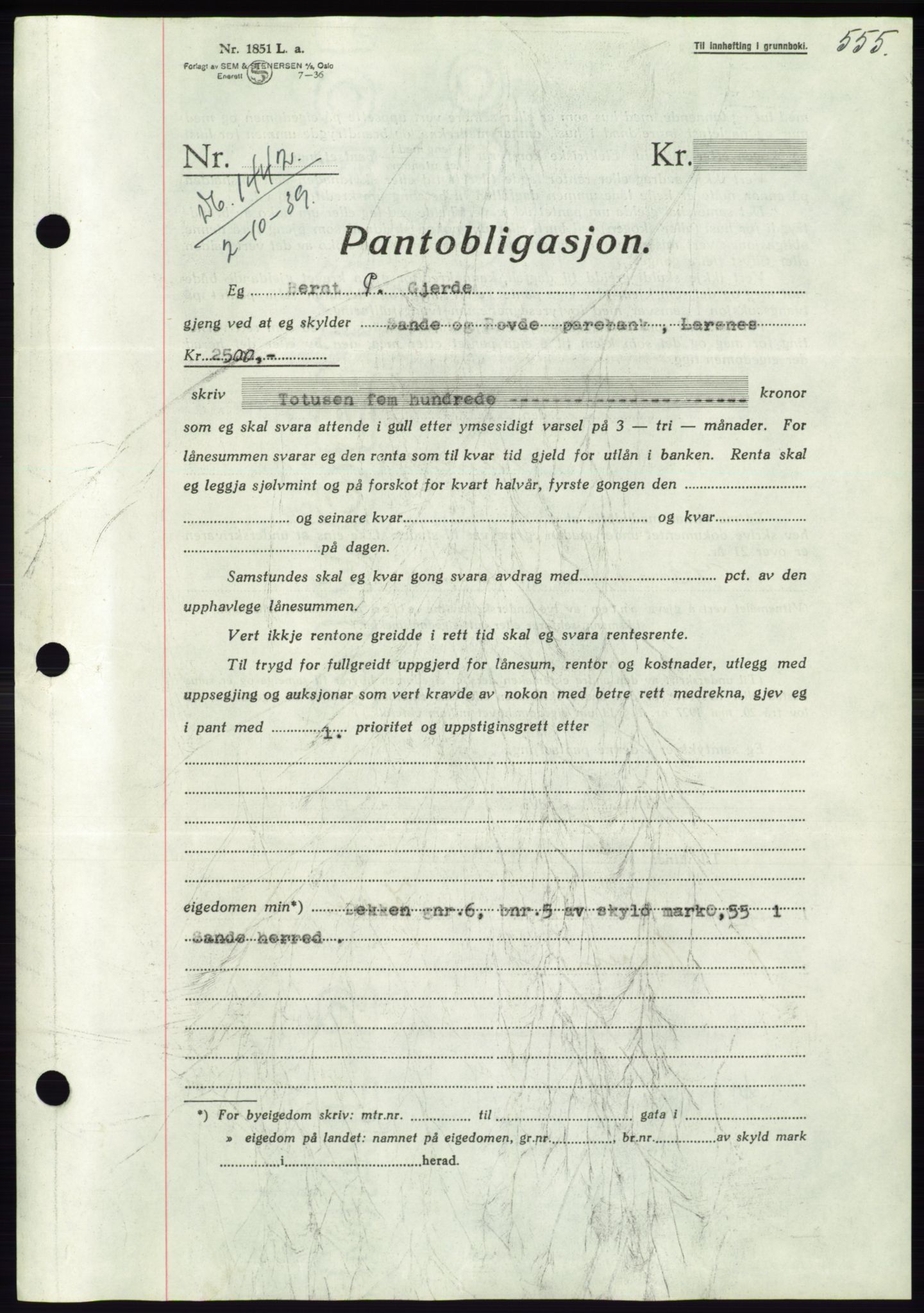 Søre Sunnmøre sorenskriveri, AV/SAT-A-4122/1/2/2C/L0068: Pantebok nr. 62, 1939-1939, Dagboknr: 1442/1939