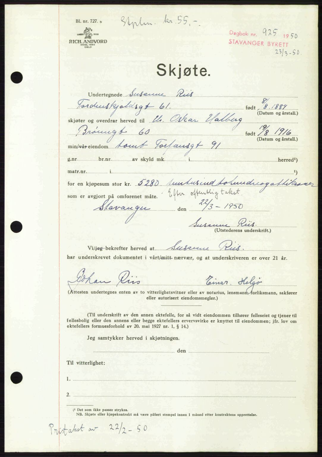 Stavanger byrett, SAST/A-100455/002/G/Gb/L0024: Pantebok nr. A13, 1949-1950, Dagboknr: 925/1950