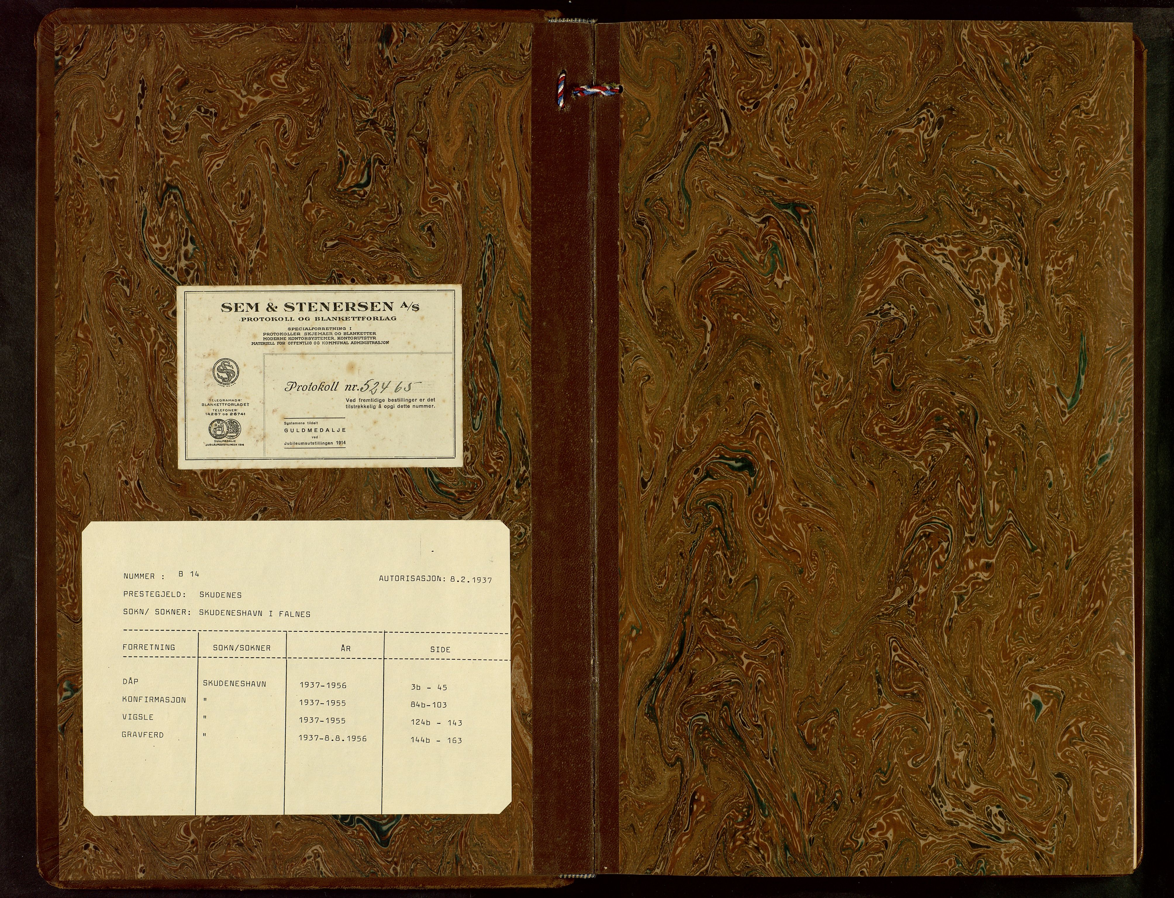 Skudenes sokneprestkontor, AV/SAST-A -101849/H/Ha/Hab/L0014: Klokkerbok nr. B 14, 1937-1956