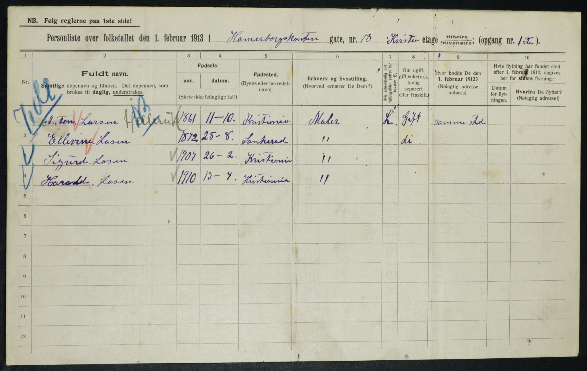 OBA, Kommunal folketelling 1.2.1913 for Kristiania, 1913, s. 48007