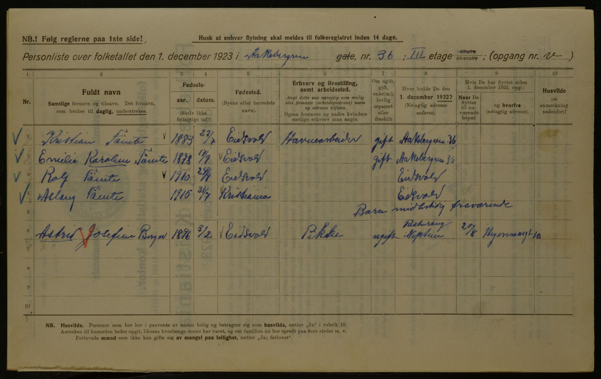 OBA, Kommunal folketelling 1.12.1923 for Kristiania, 1923, s. 143746