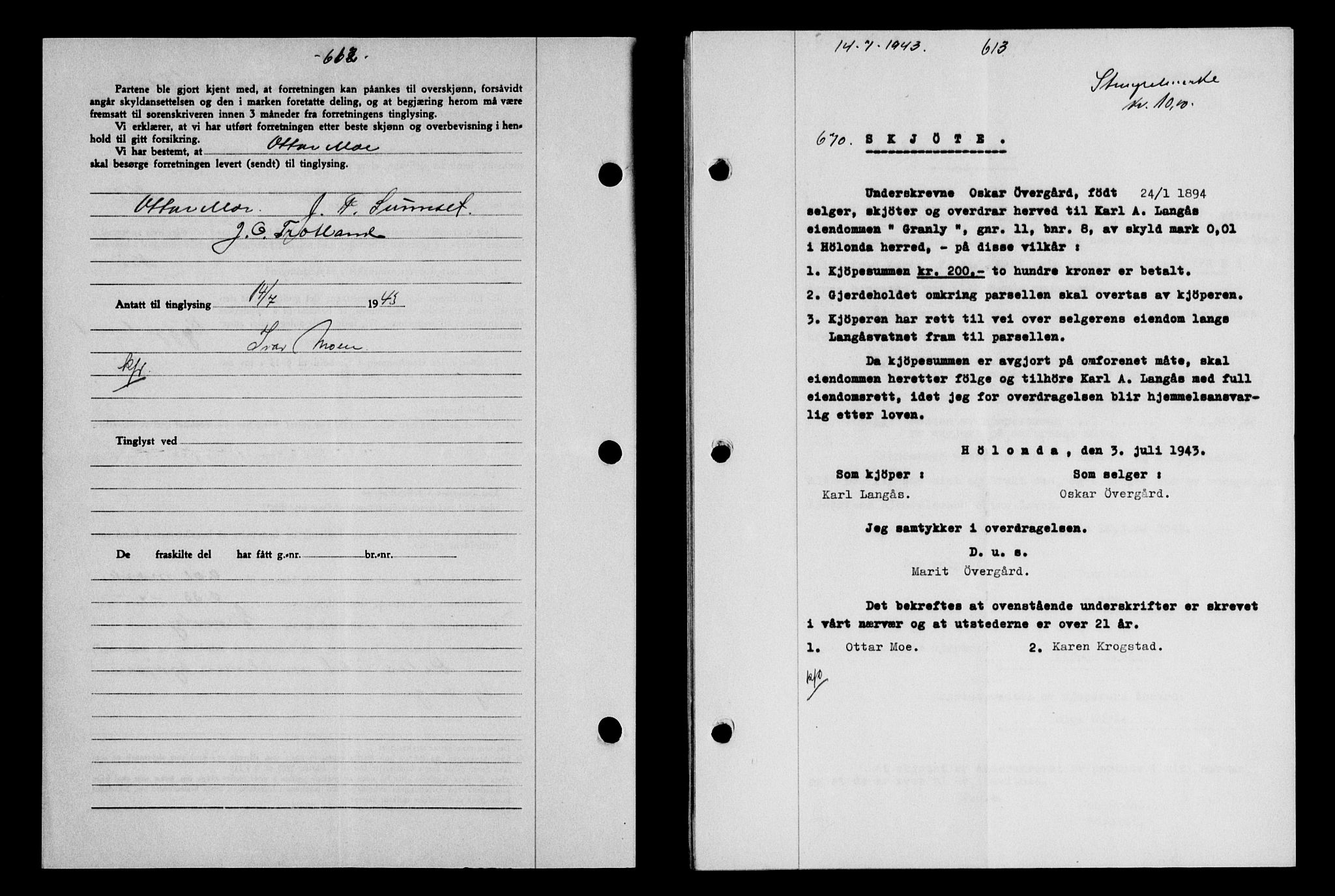 Gauldal sorenskriveri, SAT/A-0014/1/2/2C/L0056: Pantebok nr. 61, 1942-1943, Dagboknr: 670/1943