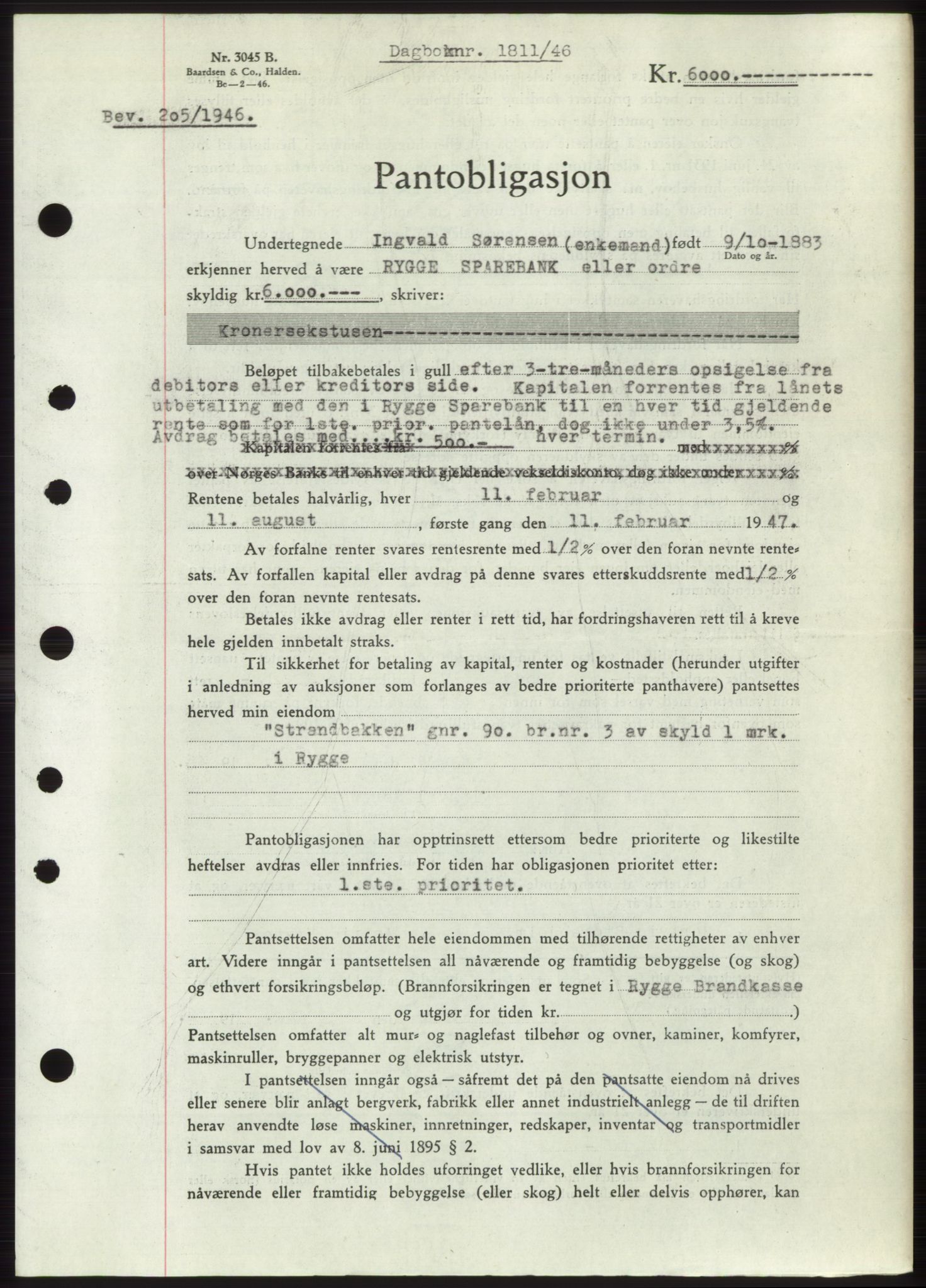 Moss sorenskriveri, SAO/A-10168: Pantebok nr. B15, 1946-1946, Dagboknr: 1811/1946