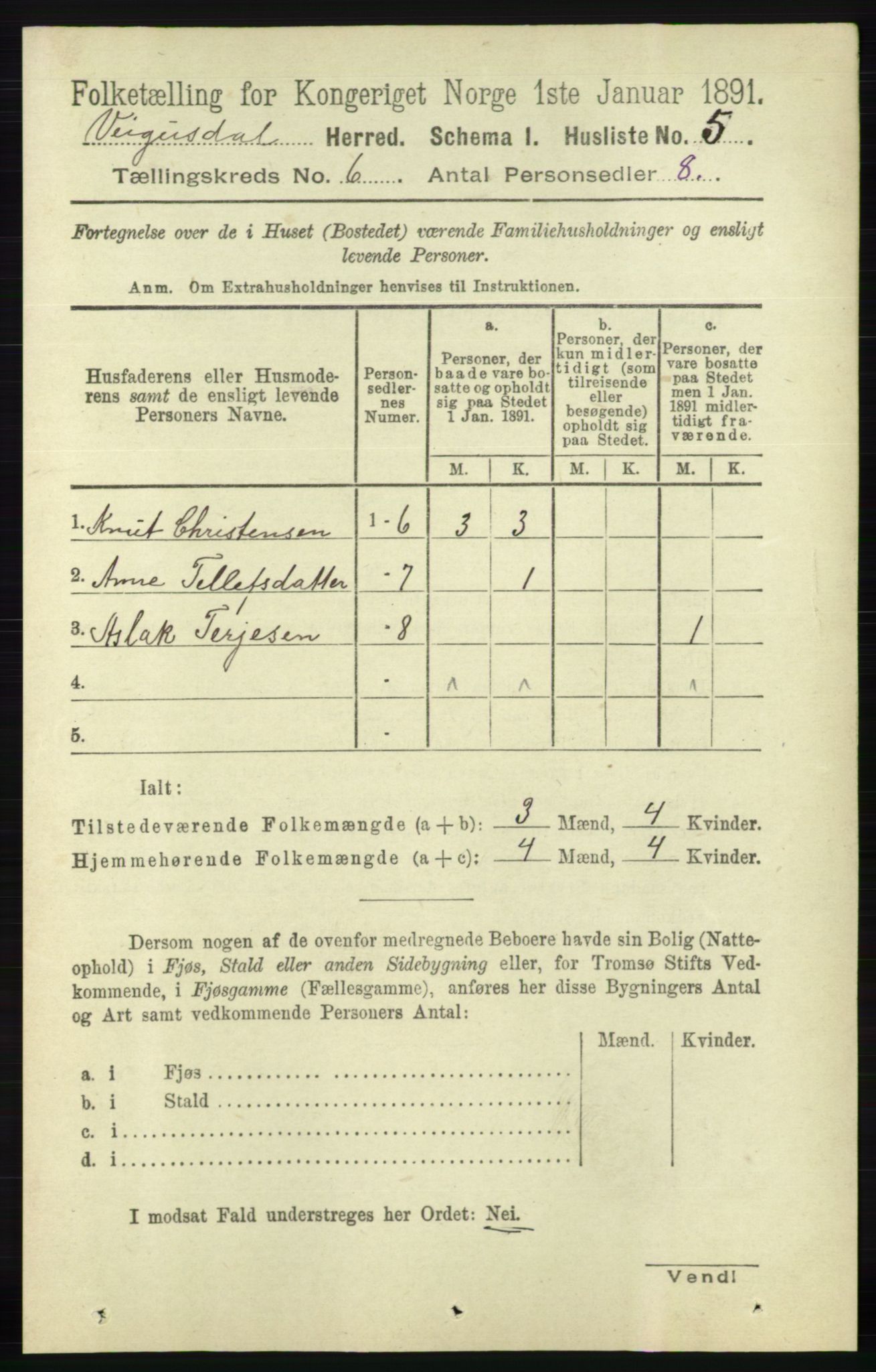 RA, Folketelling 1891 for 0934 Vegusdal herred, 1891, s. 1068