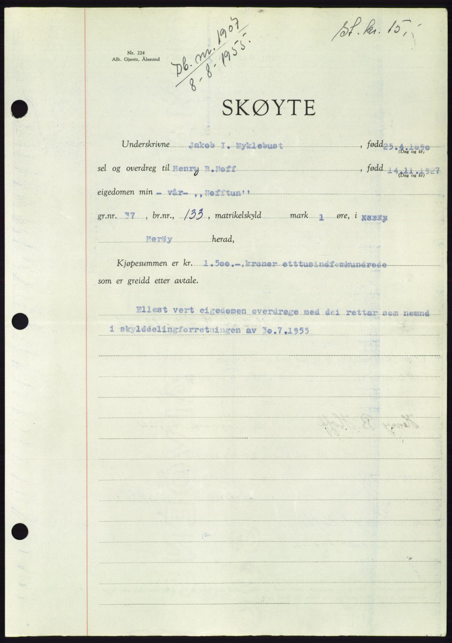 Søre Sunnmøre sorenskriveri, AV/SAT-A-4122/1/2/2C/L0101: Pantebok nr. 27A, 1955-1955, Dagboknr: 1907/1955