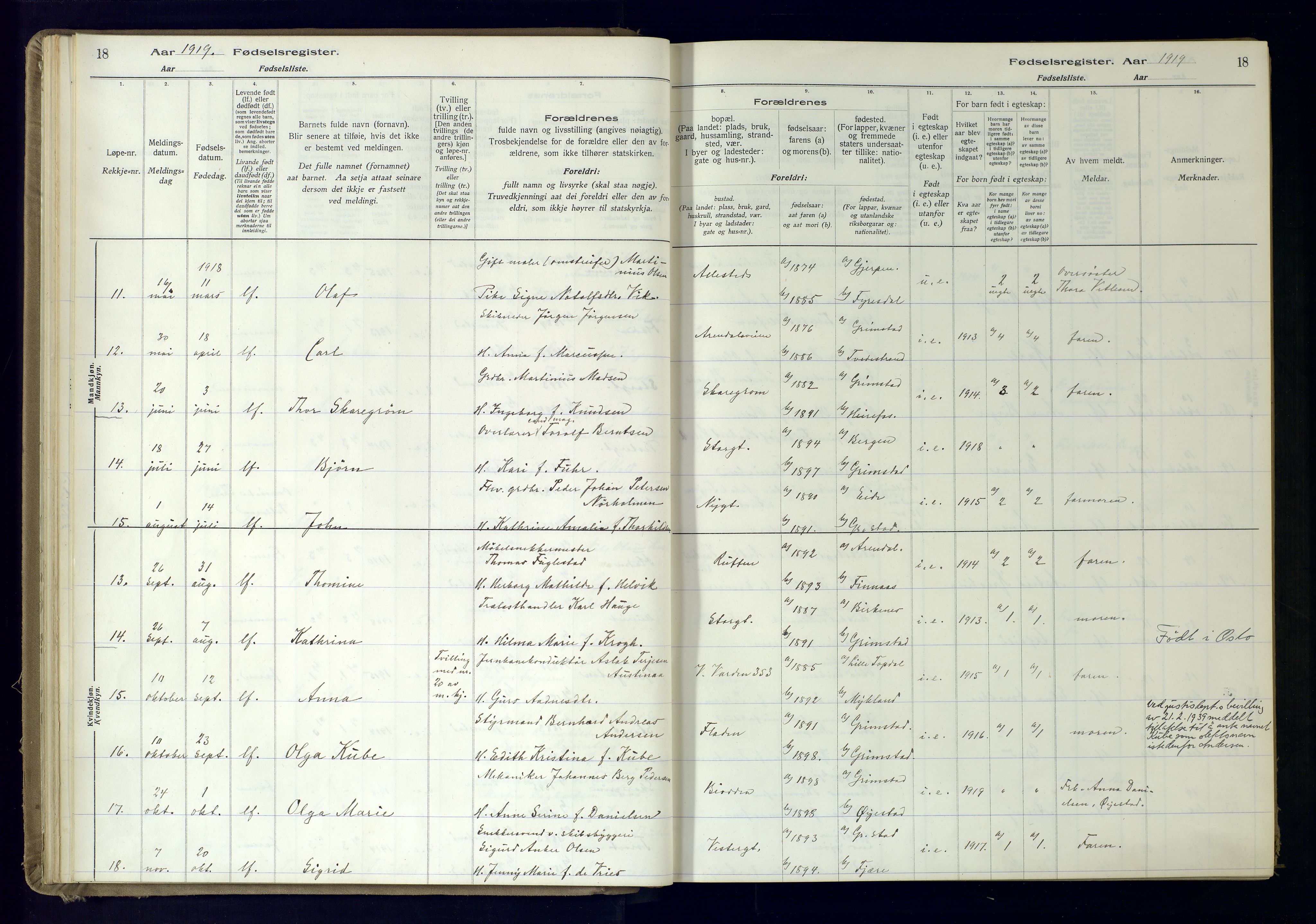 Grimstad sokneprestkontor, AV/SAK-1111-0017/J/Ja/L0001: Fødselsregister nr. 1, 1916-1960, s. 18